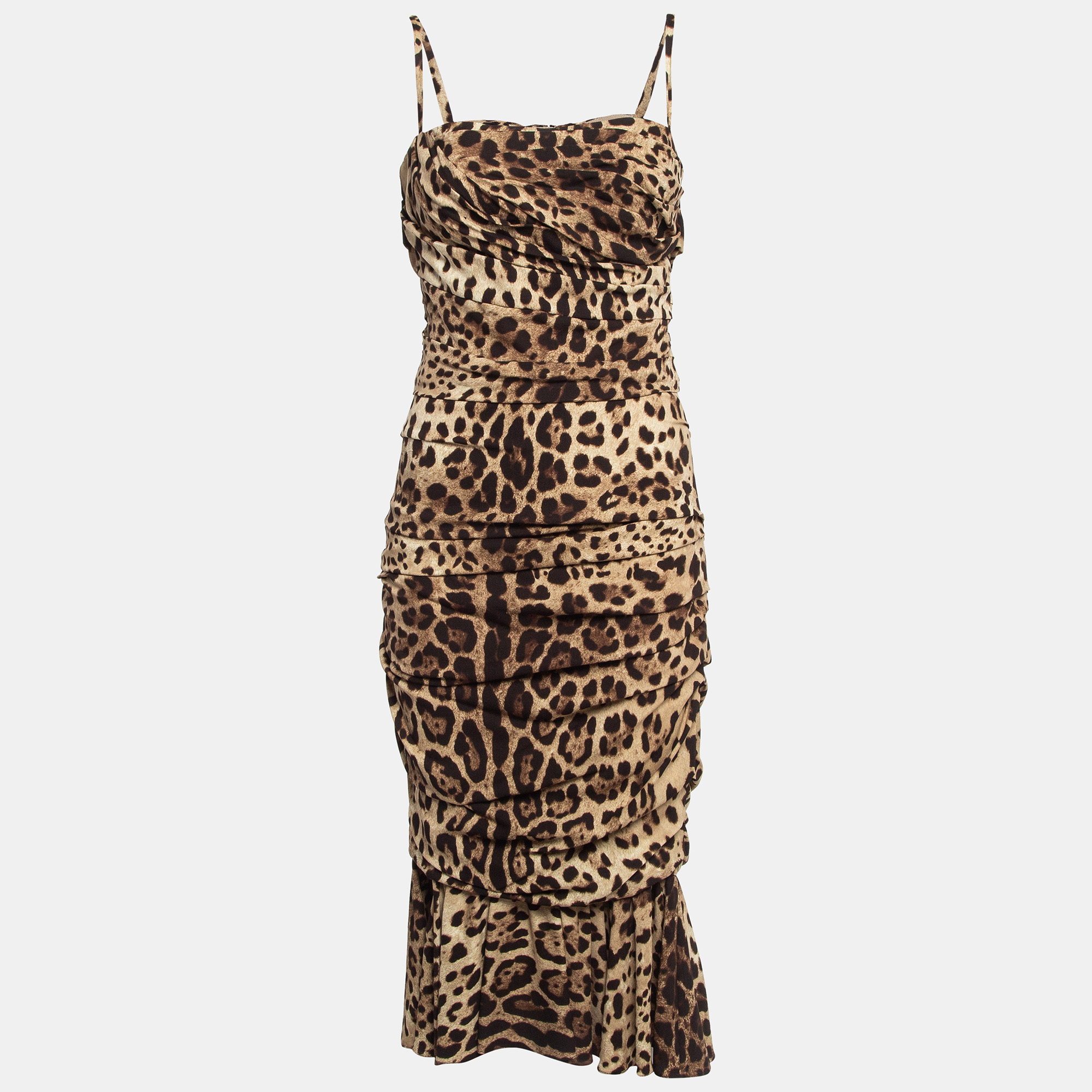 

Dolce & Gabbana Leopard Print Stretch Silk Ruched Midi Dress M, Brown