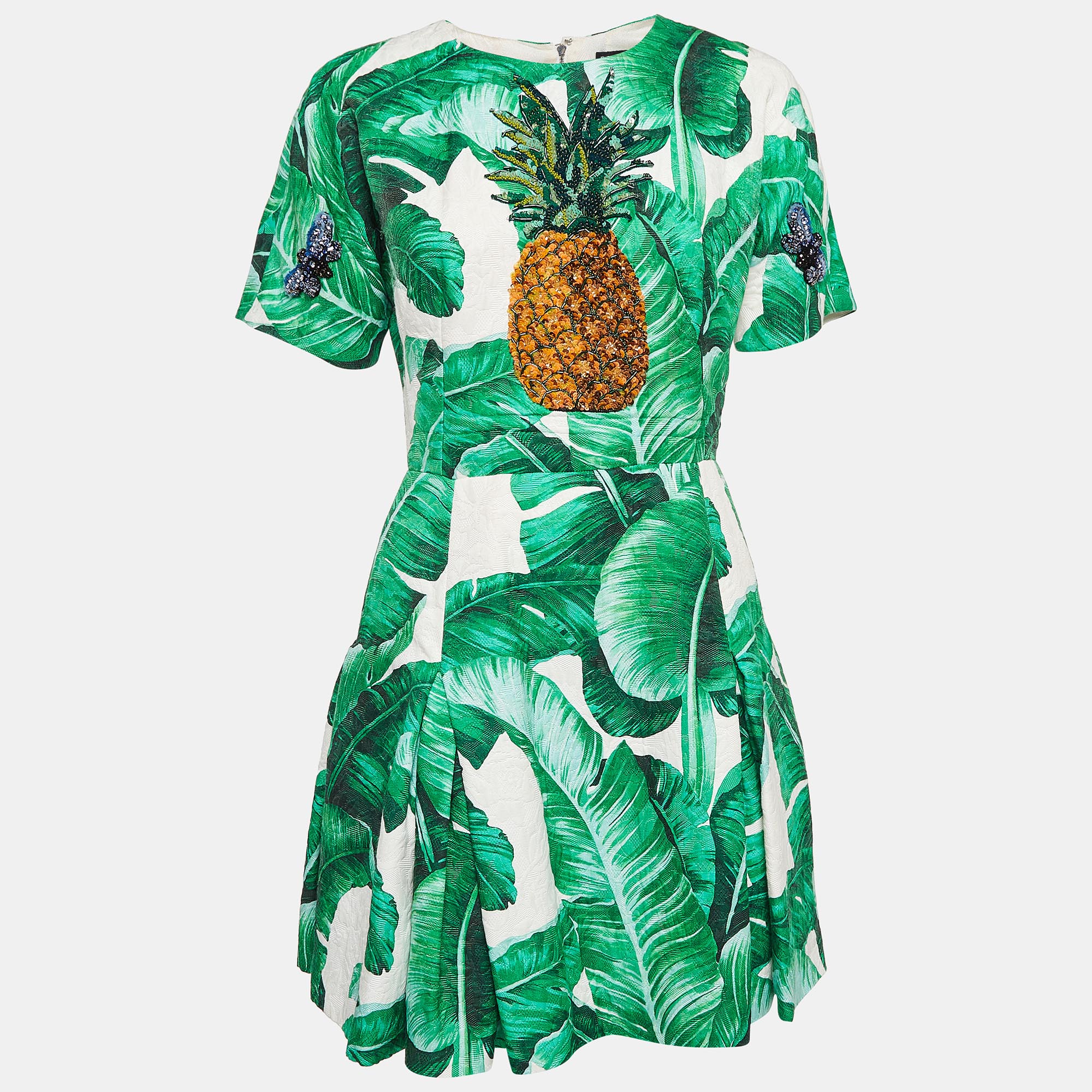 

Dolce & Gabbana Green Banana Leaf Cotton Pineapple Embellished Short Dress M