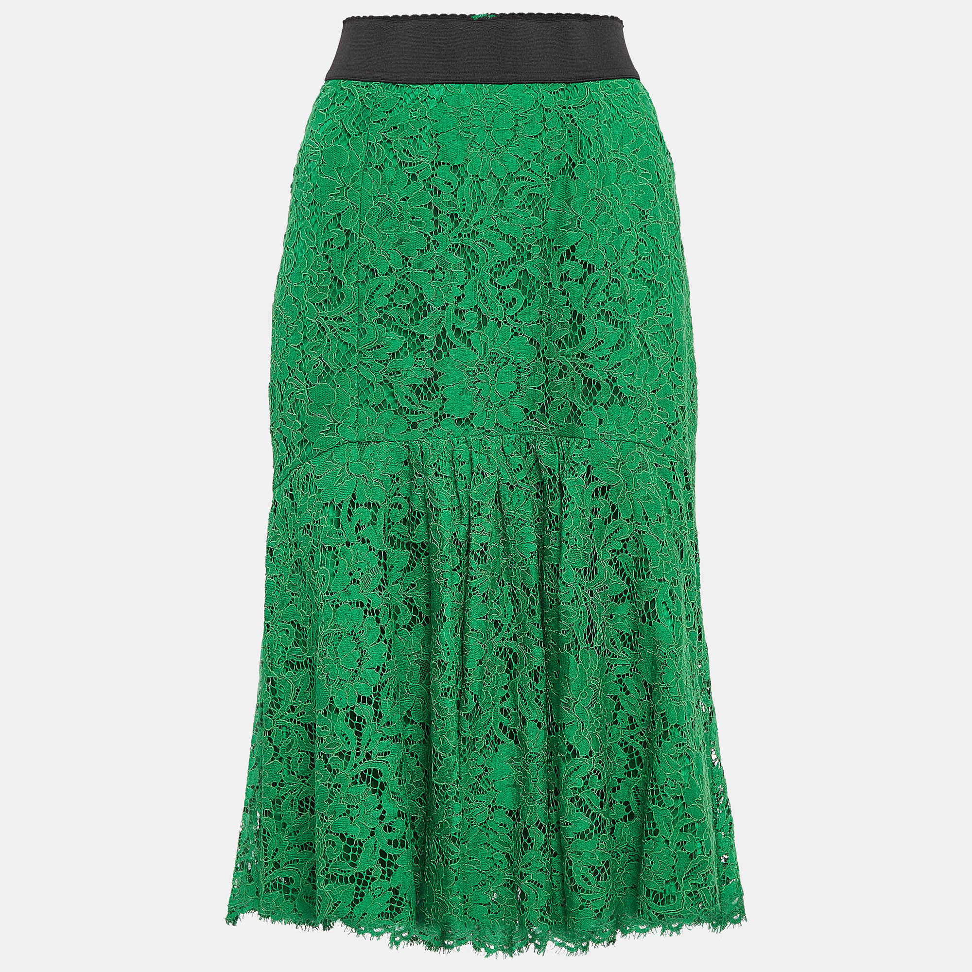 Pre-owned Dolce & Gabbana Green Lace Scallop Detail Hem Midi Skirt S