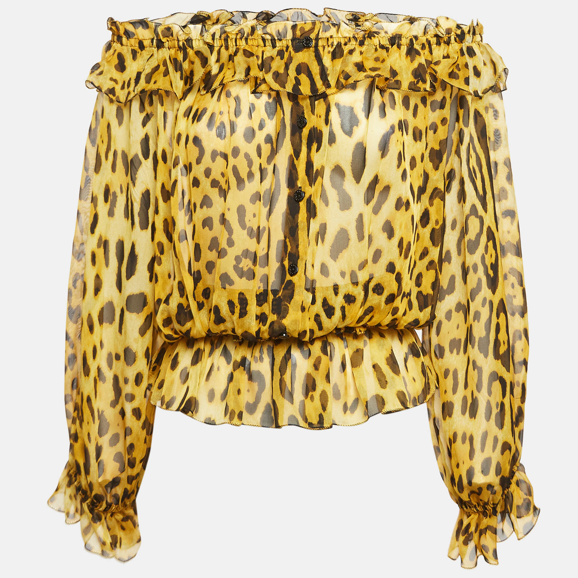 

Dolce & Gabbana Yellow Leopard Print Silk Off-Shoulder Top M