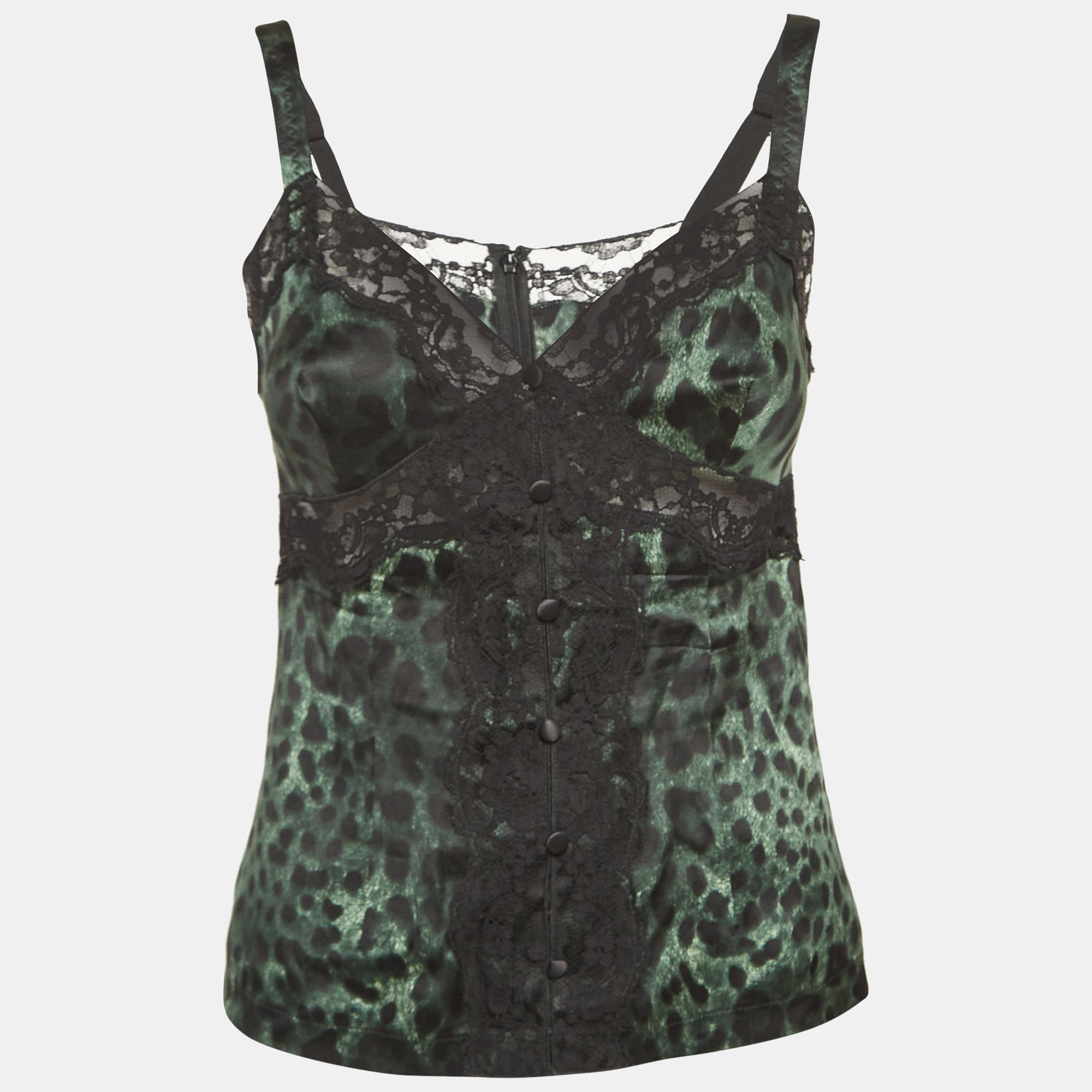 Pre-owned Dolce & Gabbana Green Leopard Print Lace Trim Stretch Satin Camisole Top S