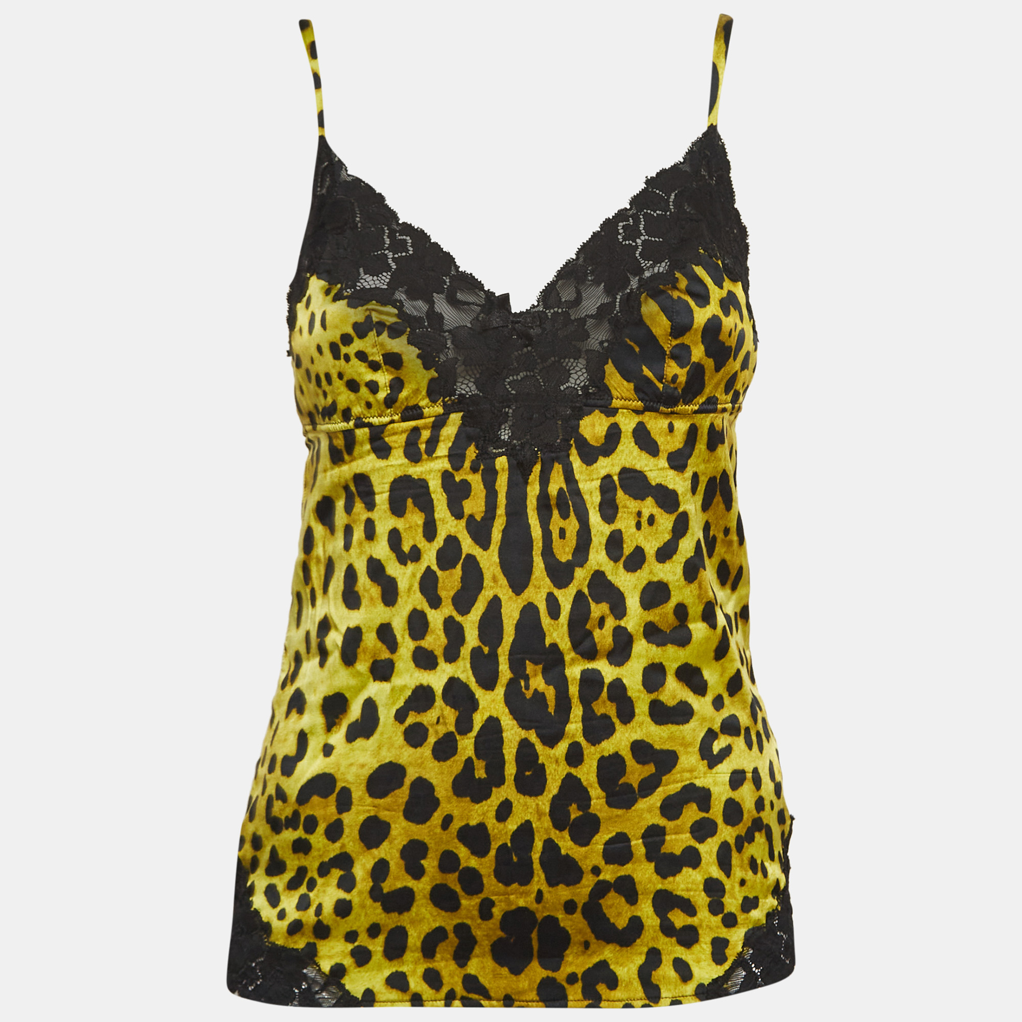 

Dolce & Gabbana Yellow Leopard Print Stretch Satin and Lace Camisole Top M