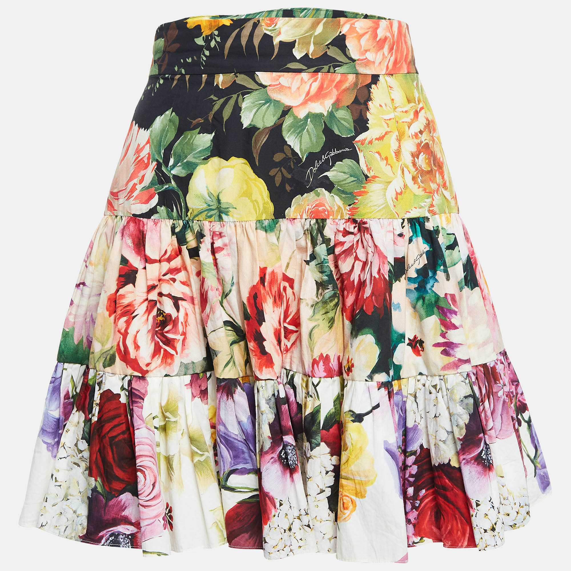 Pre-owned Dolce & Gabbana Multicolor Floral Print Poplin Tiered Short Skirt M