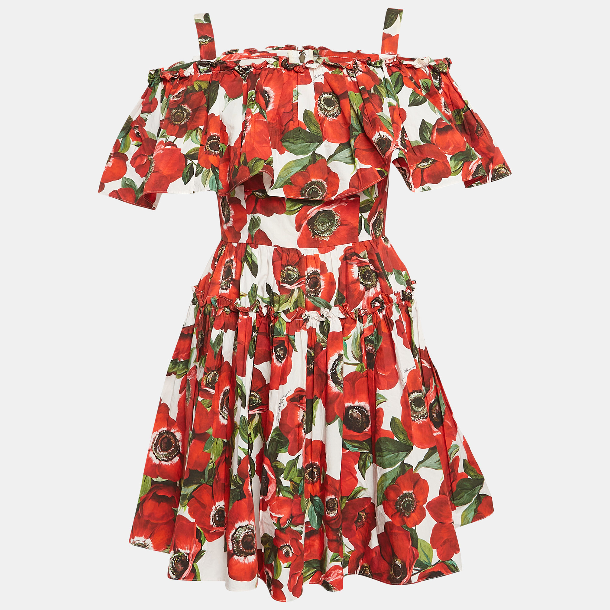 

Dolce & Gabbana Red Floral Print Poplin Tiered Short Dress S