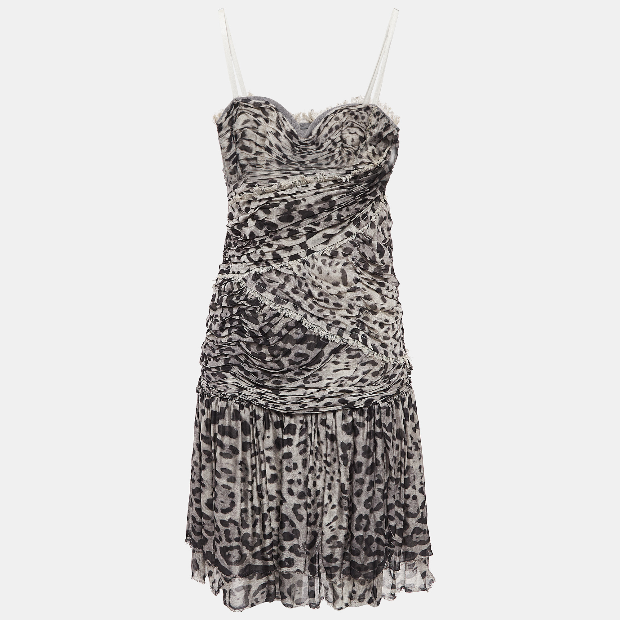 

Dolce & Gabbana Grey Leopard Print Silk Ruched Midi Dress M