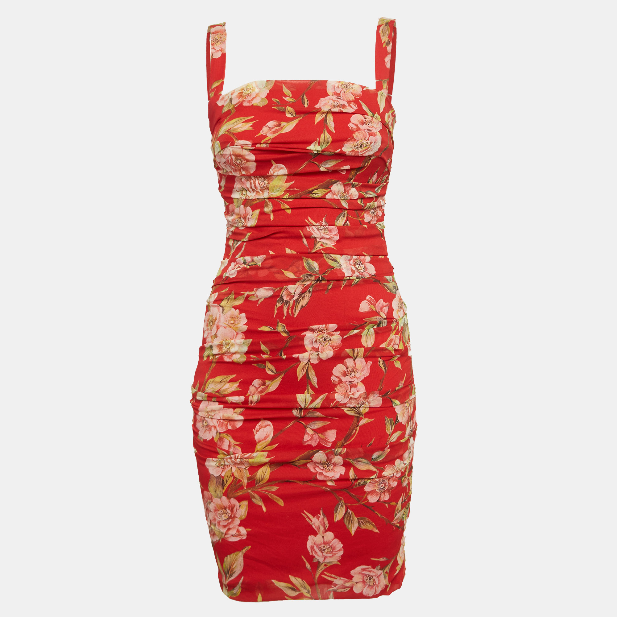 

Dolce & Gabbana Red Silk Floral Print Ruched Sleeveless Dress S