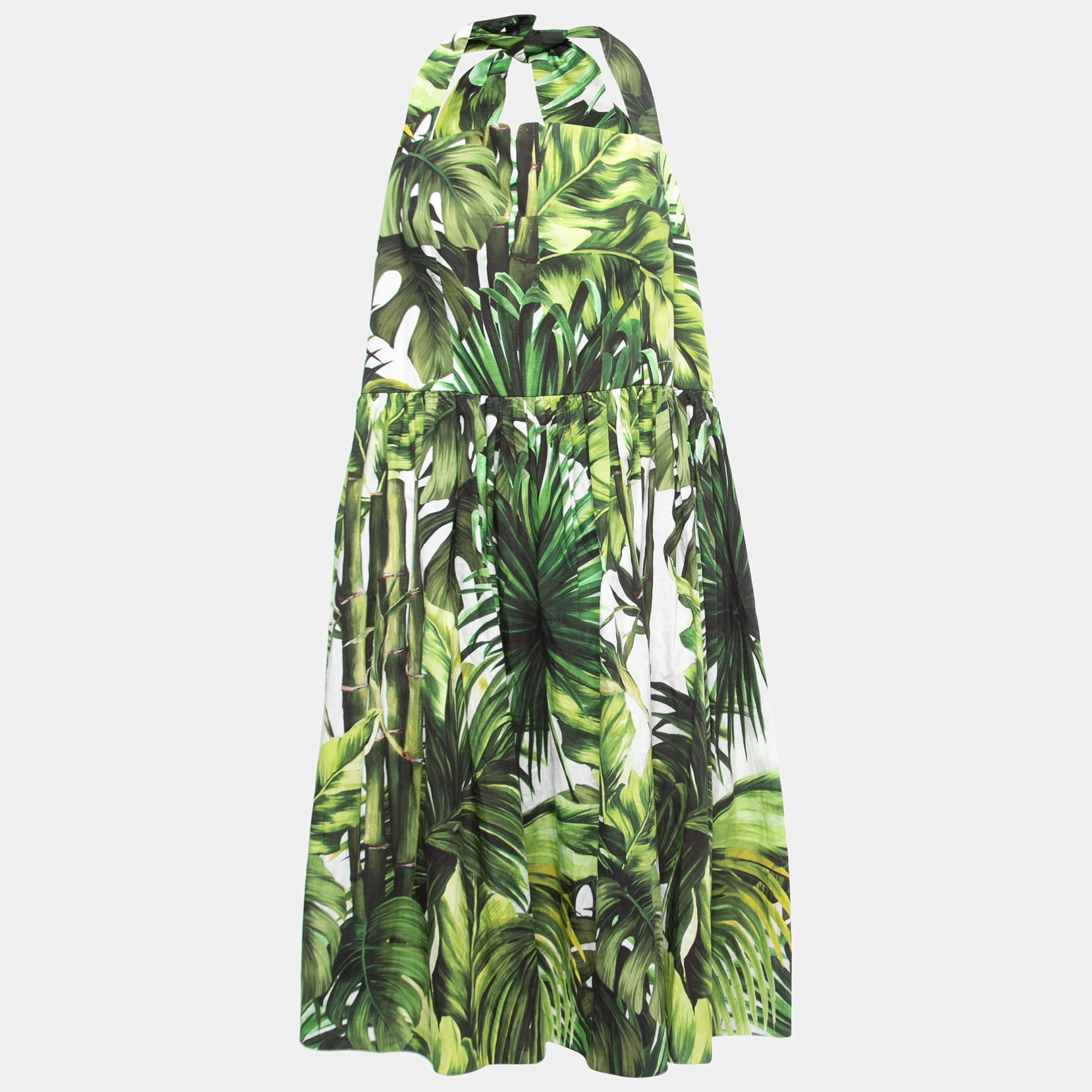 

Dolce & Gabbana Green Leaves Print Cotton Halter Neck Short Dress M