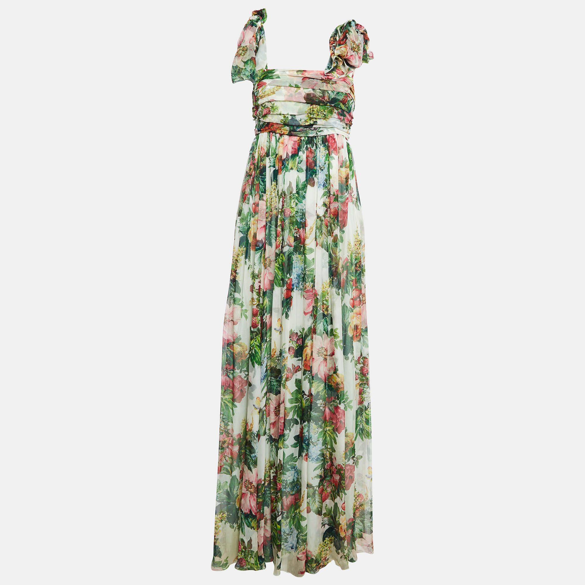 

Dolce & Gabbana Green Floral Print Chiffon Silk Waist Tie Detail Maxi Dress S