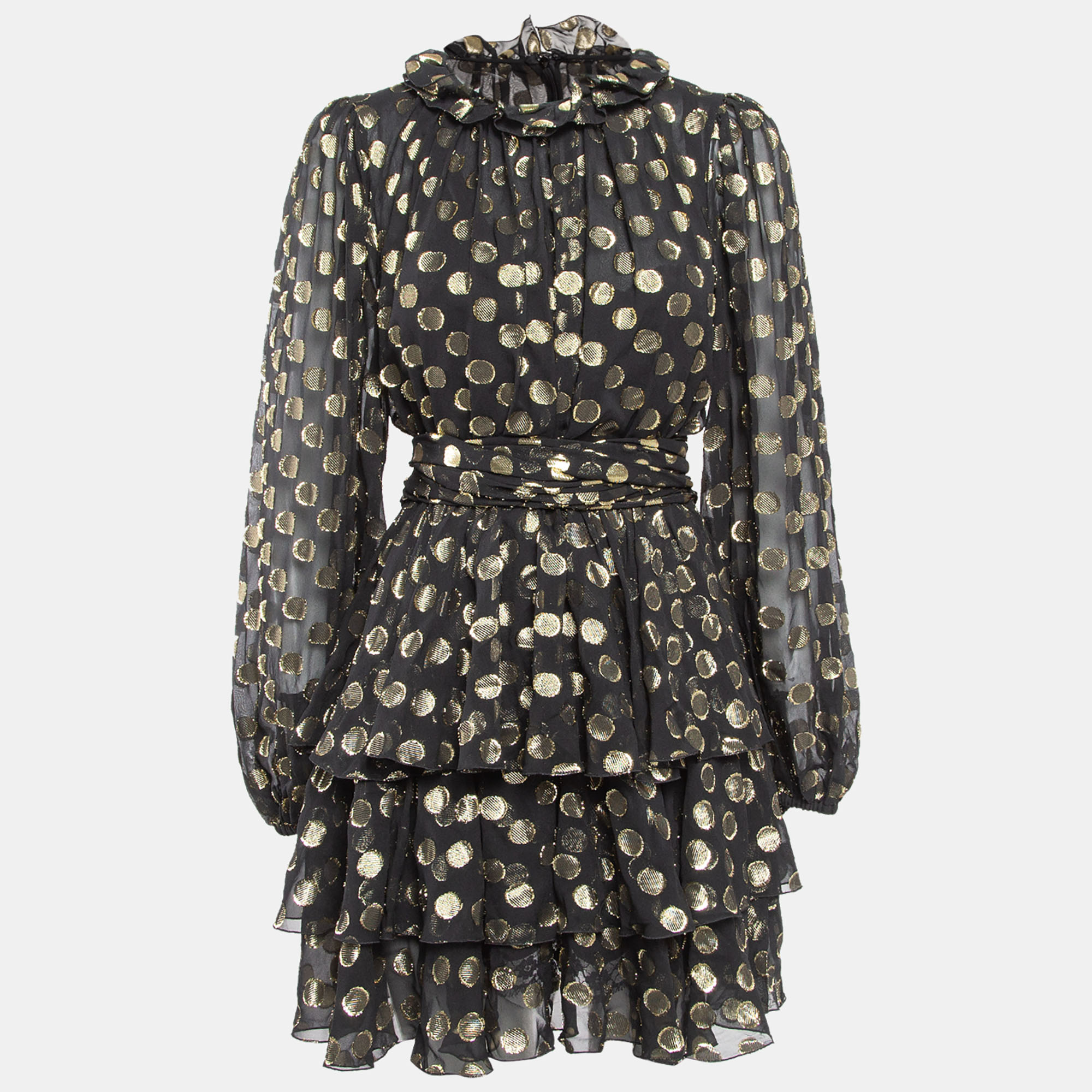 

Dolce & Gabbana Black Polka Dot Silk Brocade Tie-Up Waist Mini Dress M