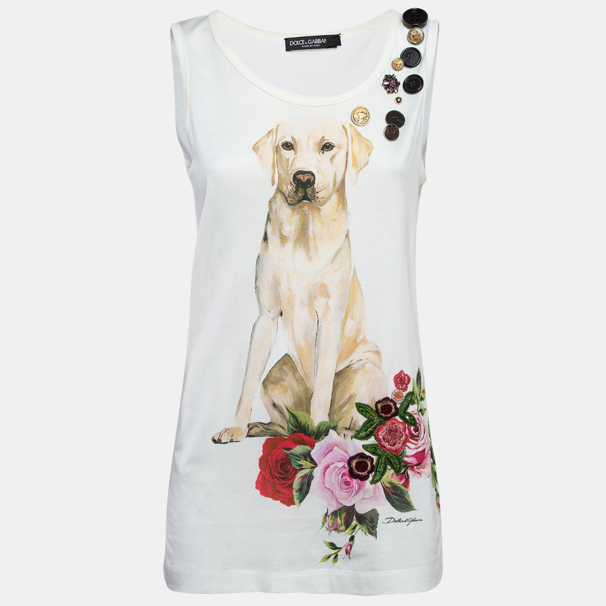 

Dolce & Gabbana White Dog-Floral Print and Embellished Cotton Tank Top S