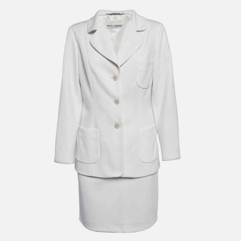 

Dolce & Gabbana Vintage White Knit Single Breasted Skirt Suit M