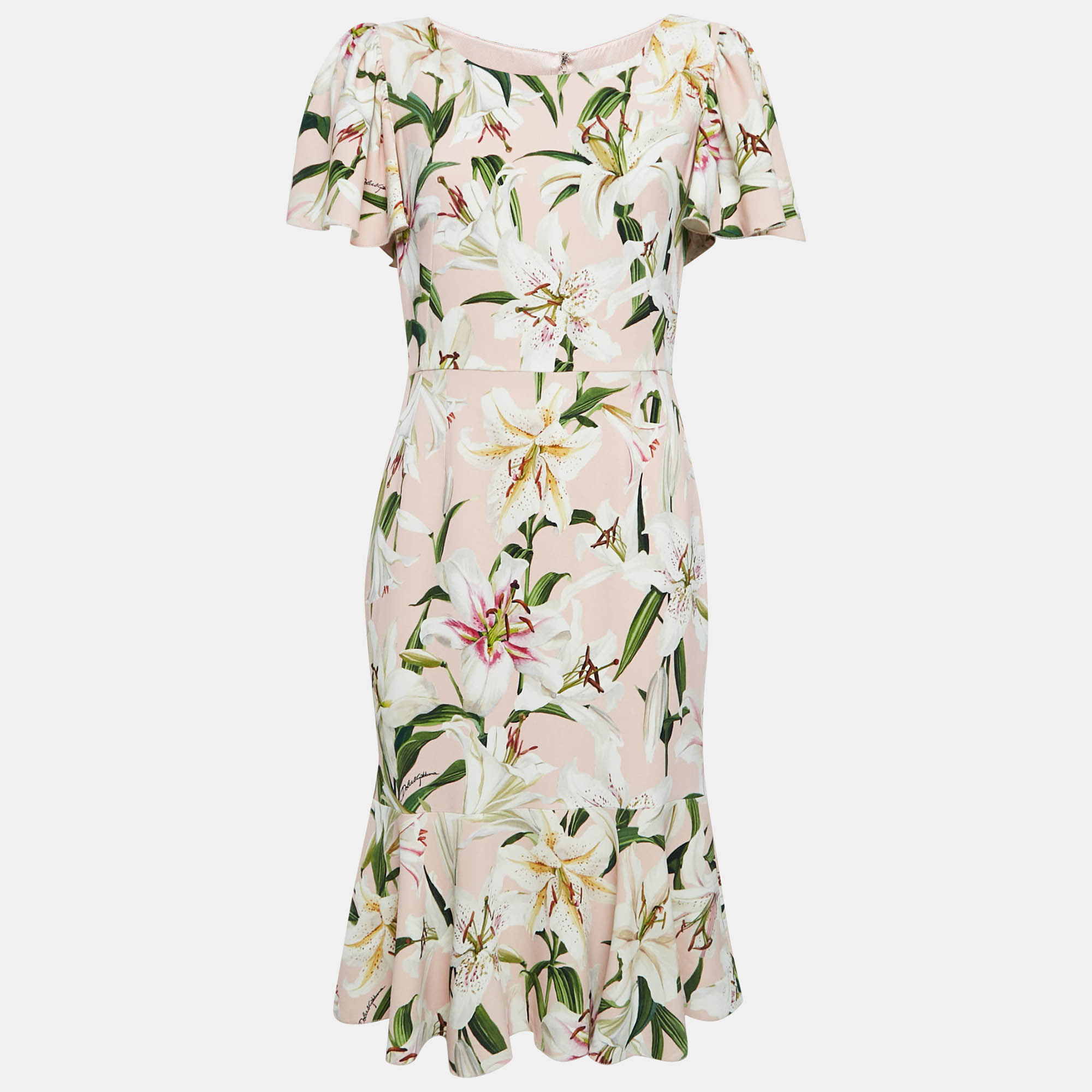 

Dolce & Gabbana Pink Floral Print Crepe Flounce Midi Dress M