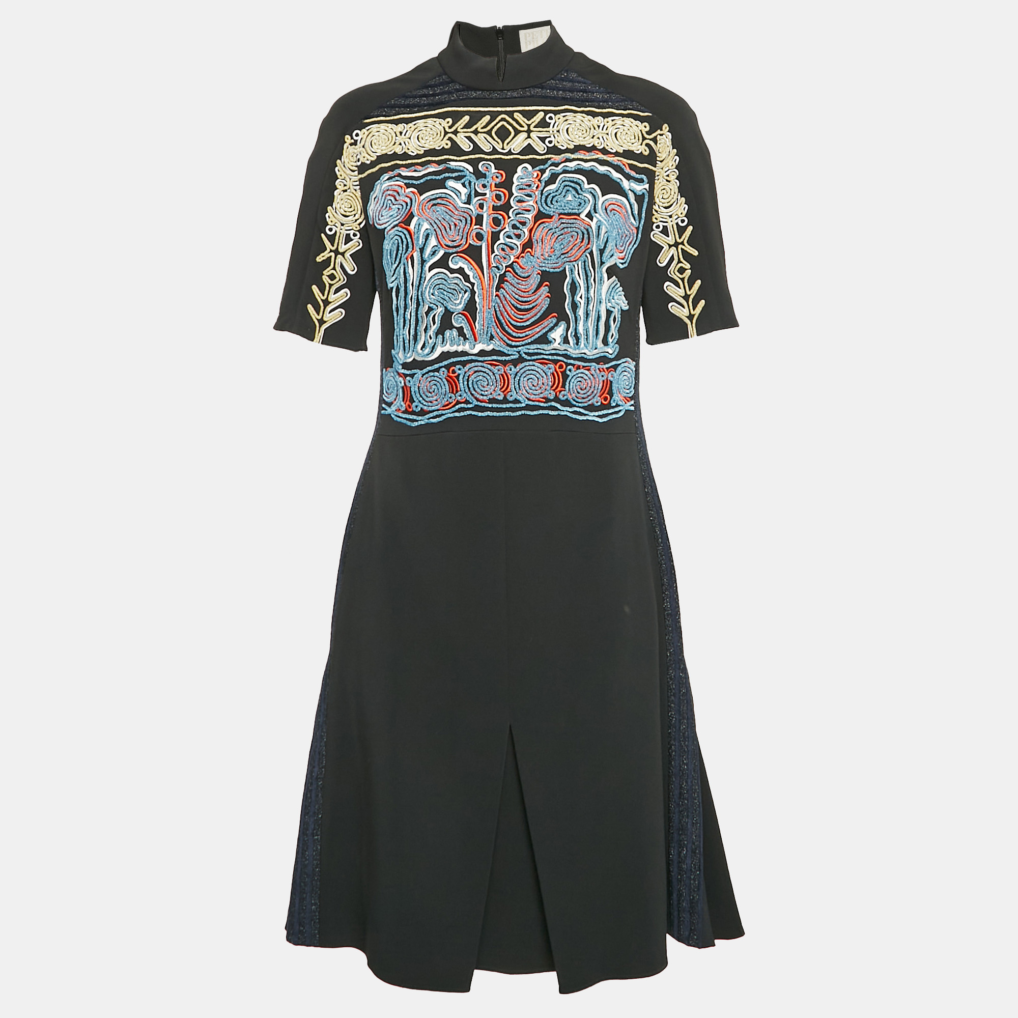 

Peter Pilotto Black Embroidered Crepe Lace Trim Short Dress M