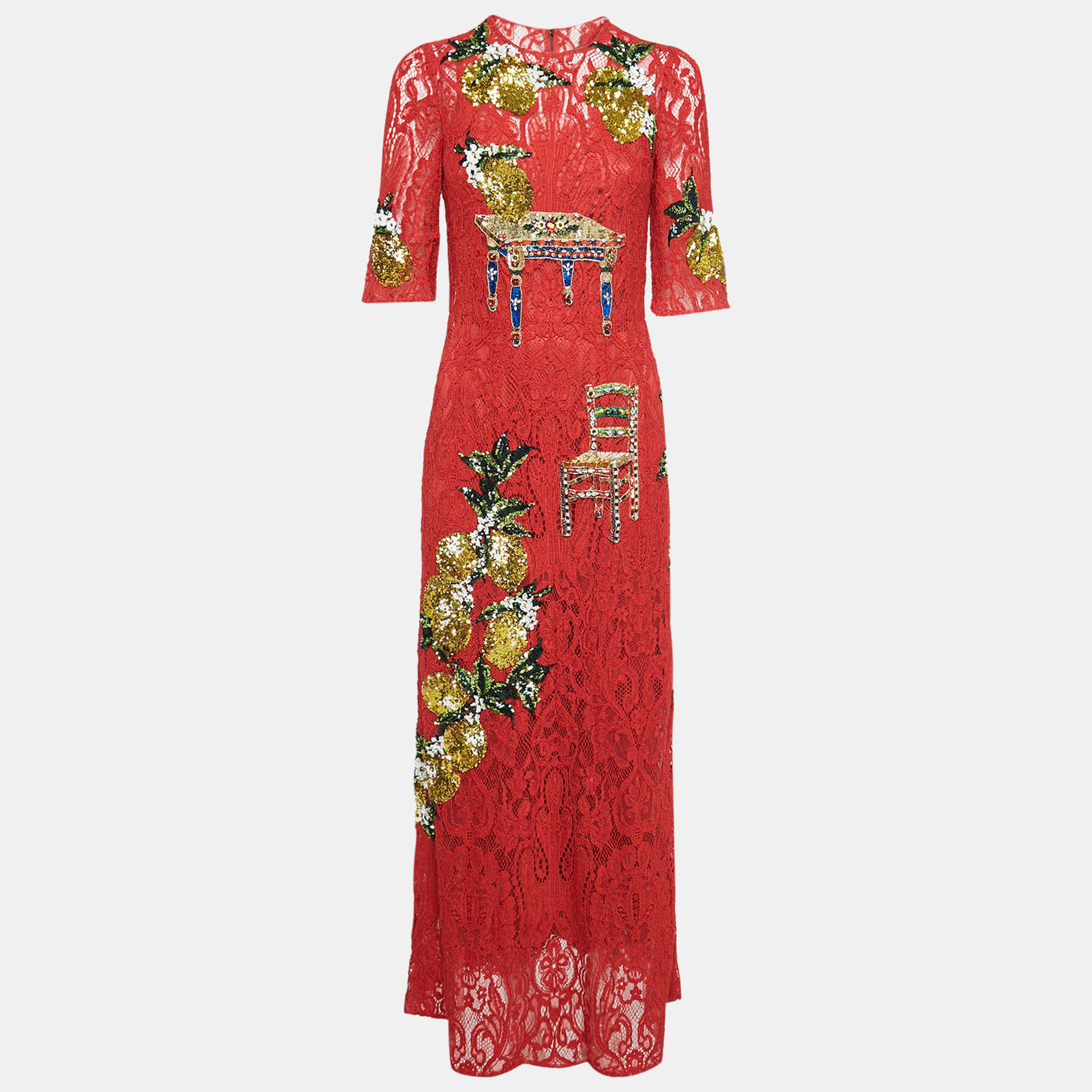 

Dolce & Gabbana Red Embellished Lace Maxi Dress M