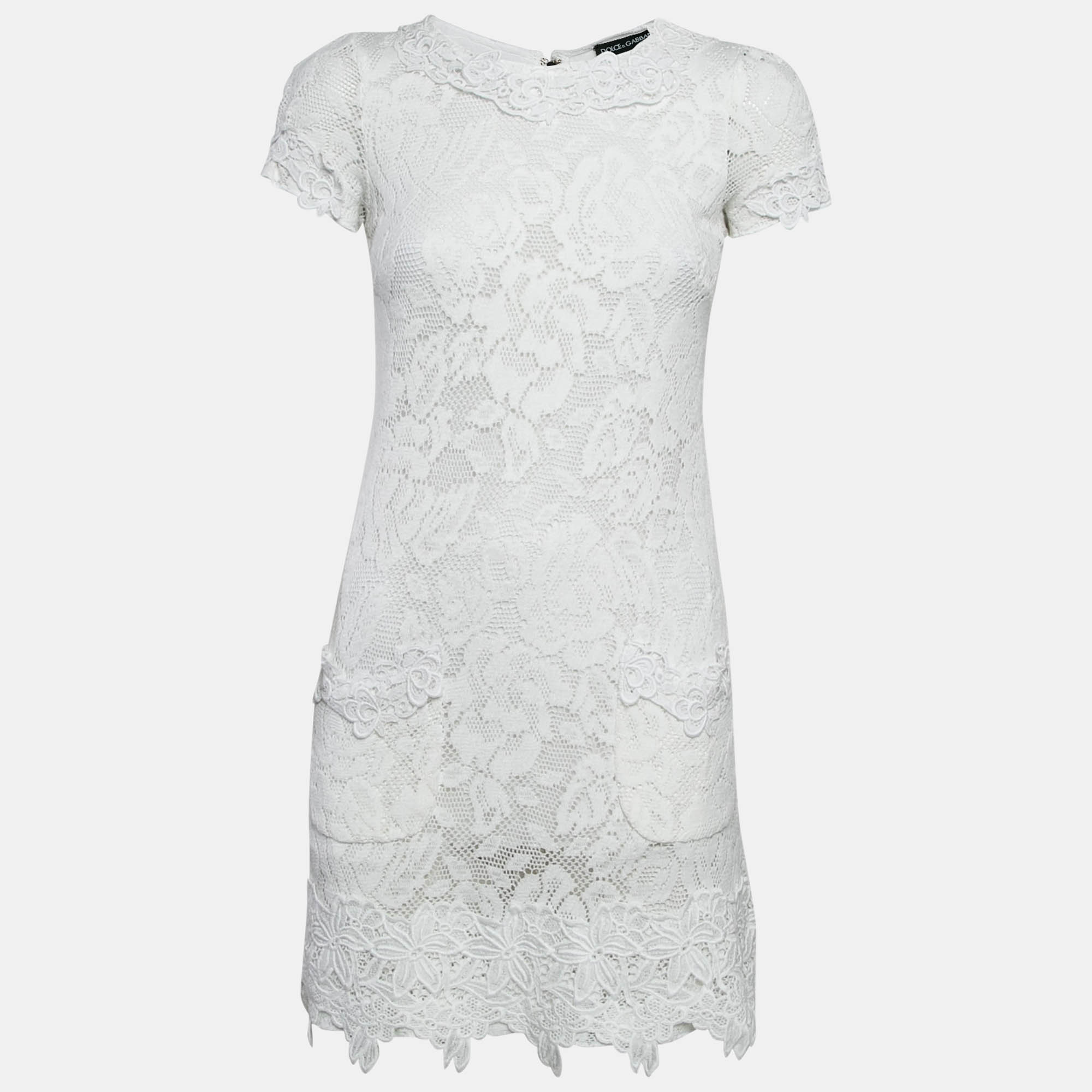 

Dolce & Gabbana White Floral Lace Applique Trim Detail Mini Dress S