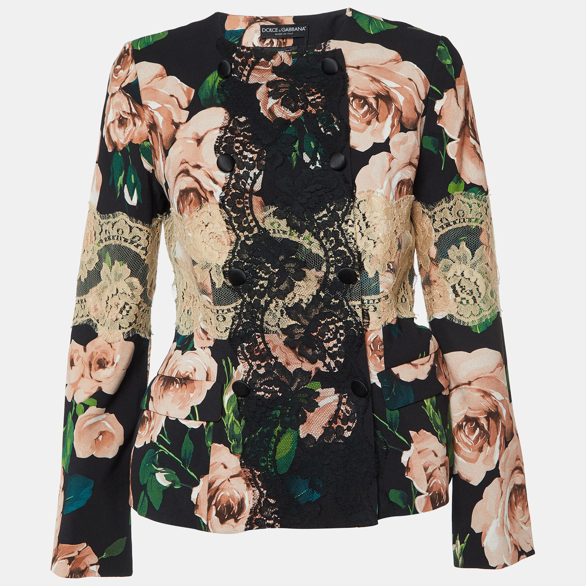 

Dolce & Gabbana Black Floral Print Crepe & Lace Trim Jacket M