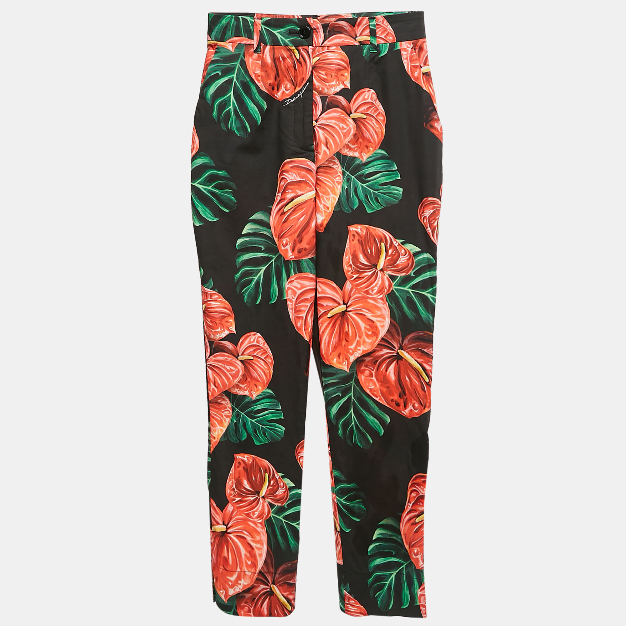 

Dolce & Gabbana Black Anthurium Print Stretch Cotton Skinny Pants S, Red