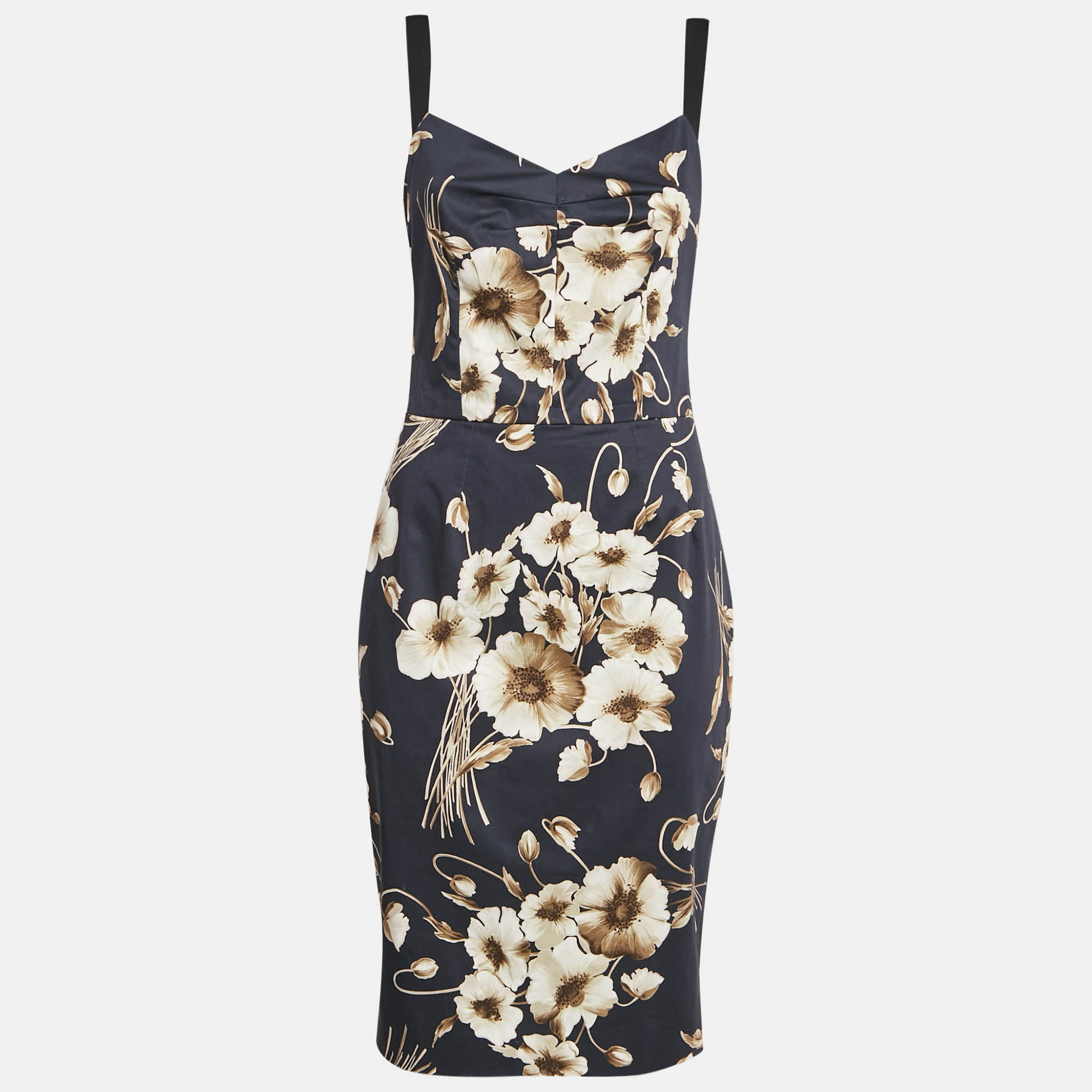 

Dolce & Gabbana Navy Blue Floral Print Cotton Midi Dress M