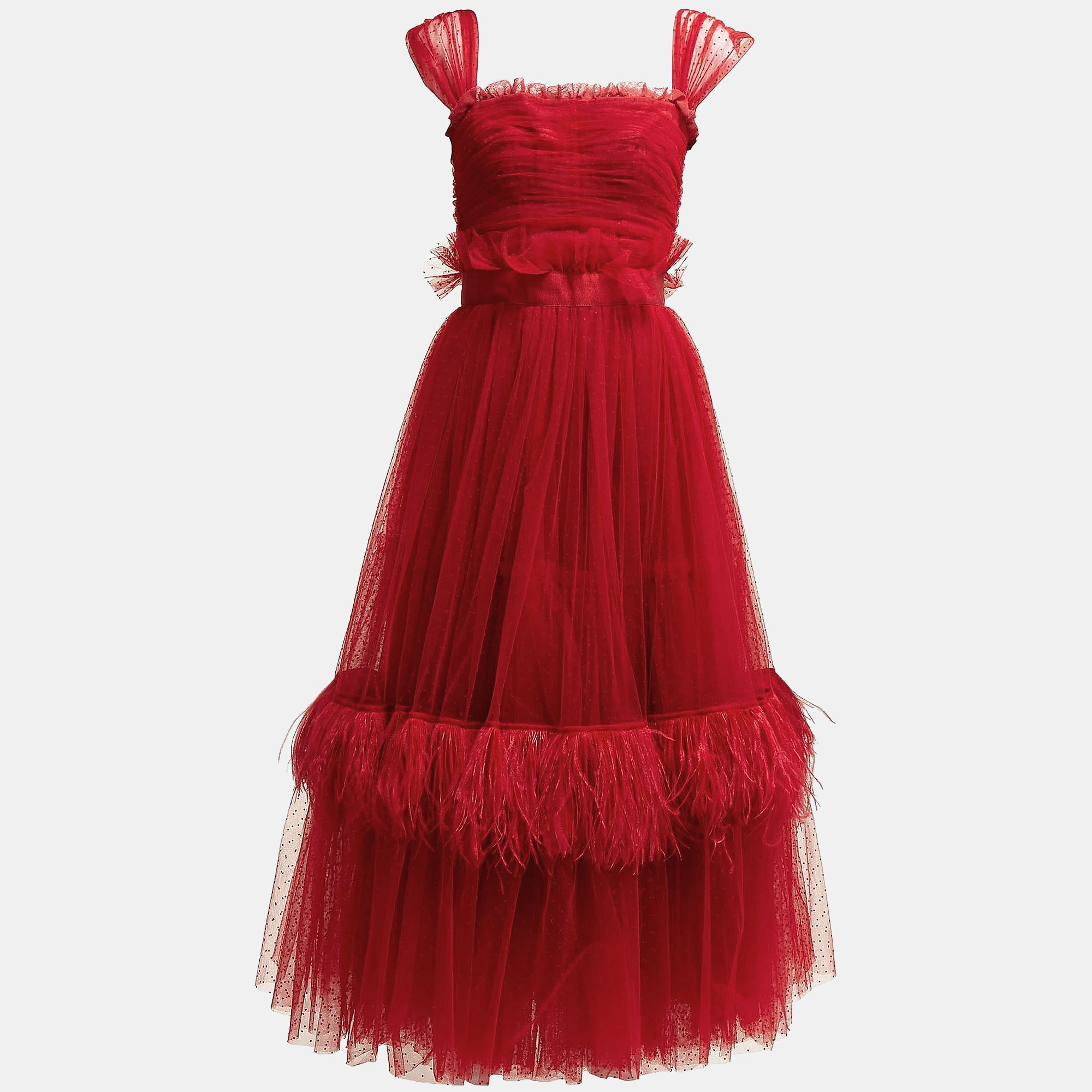 

Dolce & Gabbana Red Dotted Tulle Feather Detail Midi Dress S