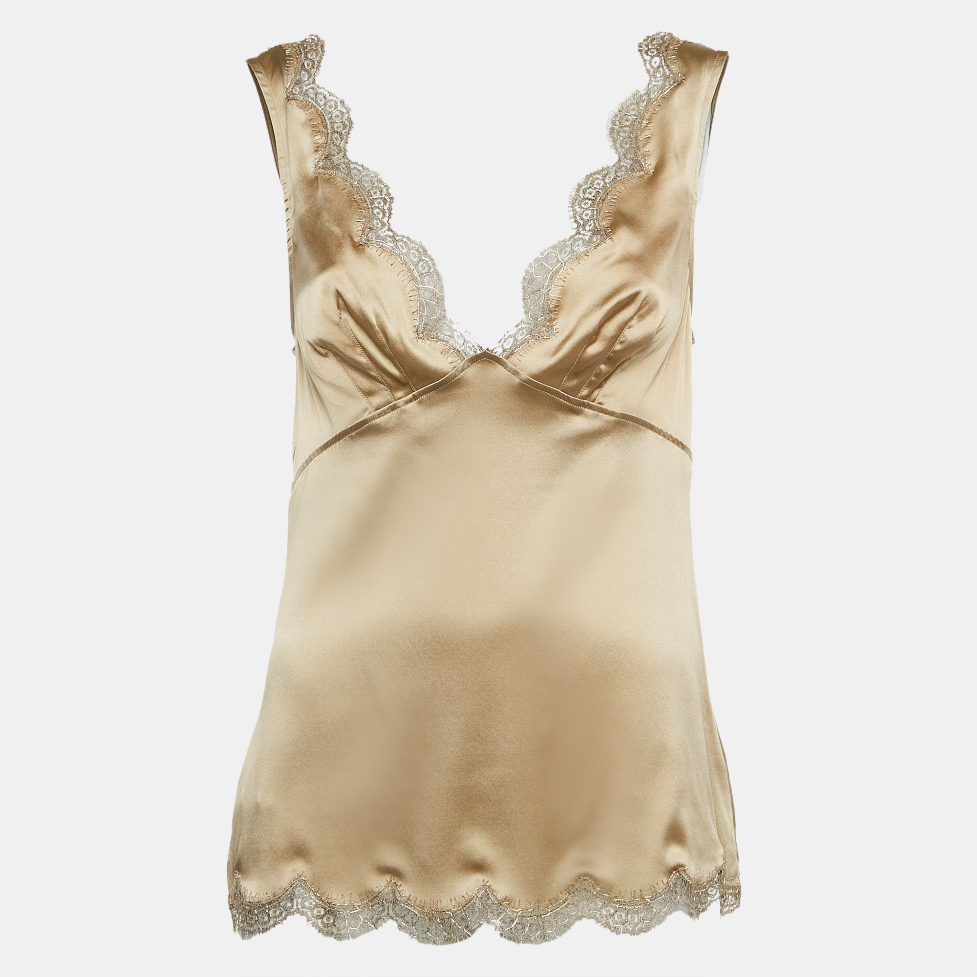 

Dolce & Gabbana Beige Lace Trim Satin V-Neck Top M