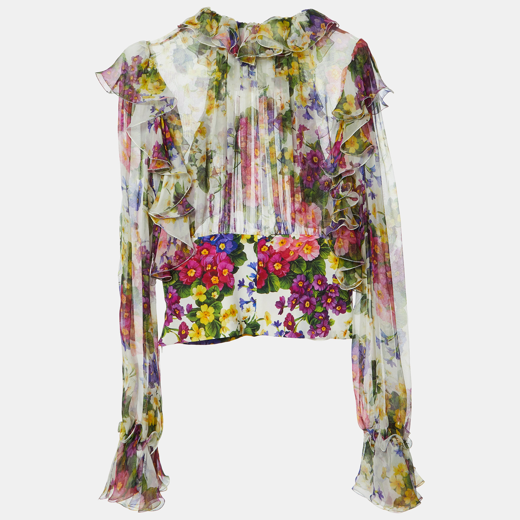 

Dolce & Gabbana White Floral Print Silk Chiffon Ruffled Top M