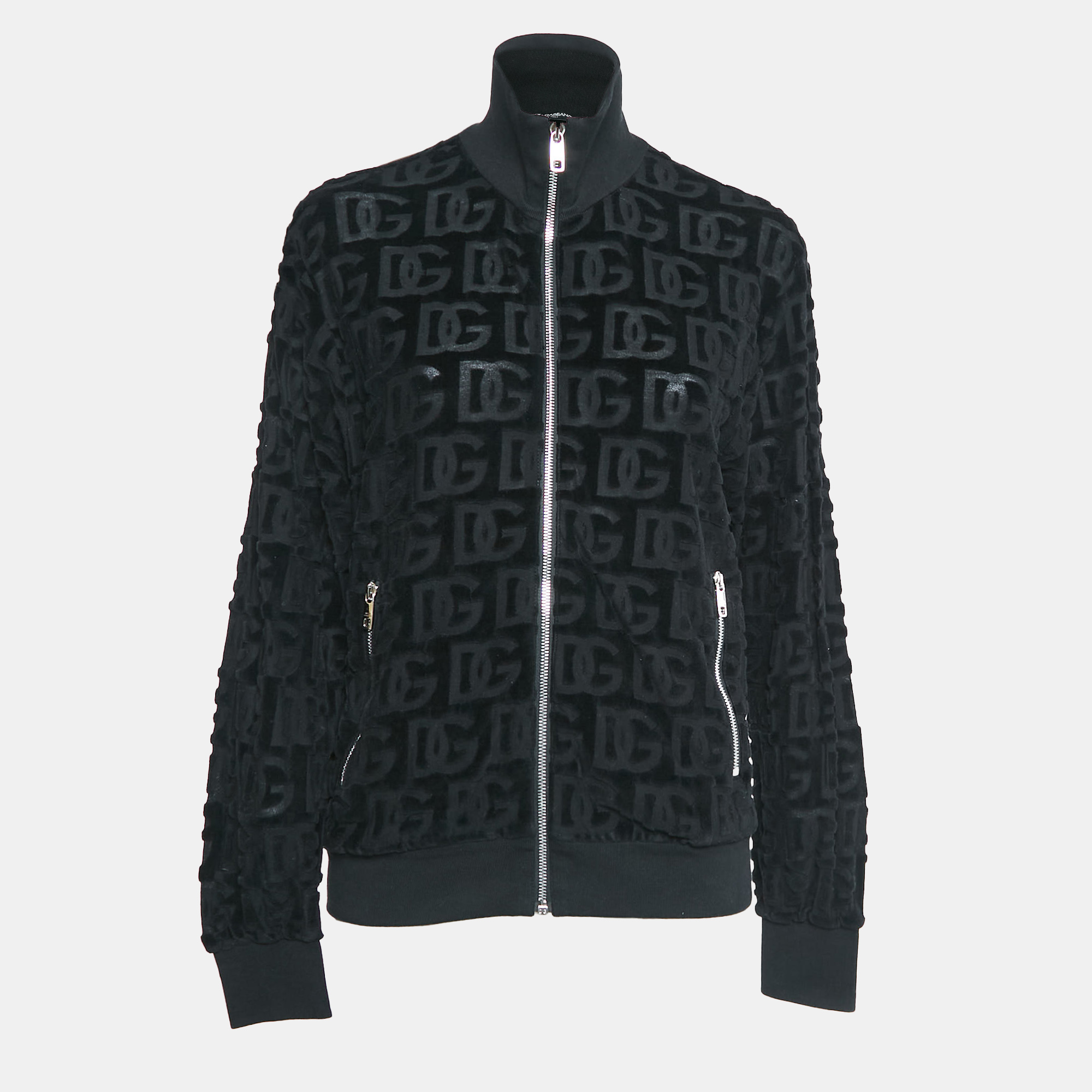 

Dolce & Gabbana Black DG Debossed Cotton Knit Bomber Jacket S