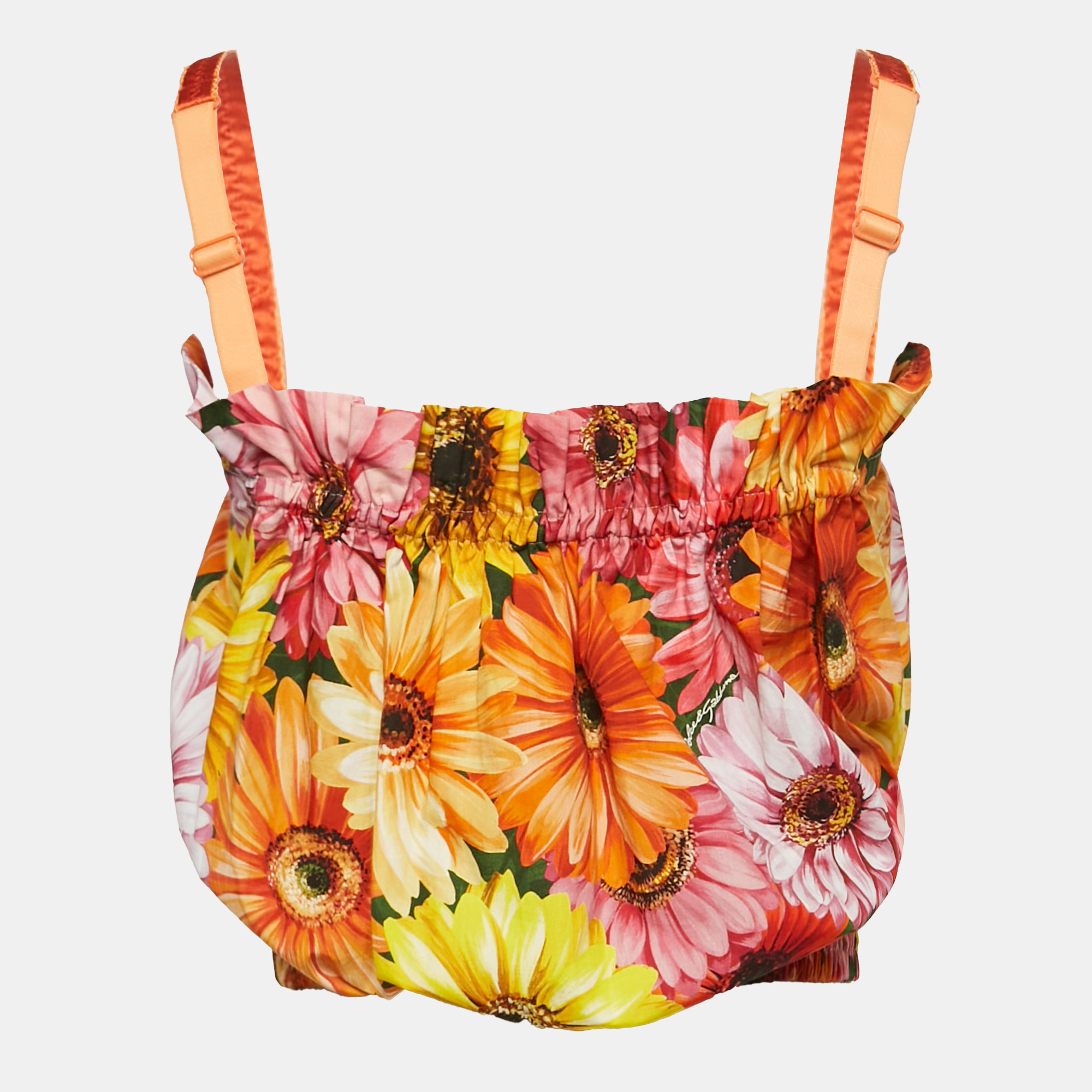 

Dolce & Gabbana Orange Floral Print Poplin Gathered Crop Top L