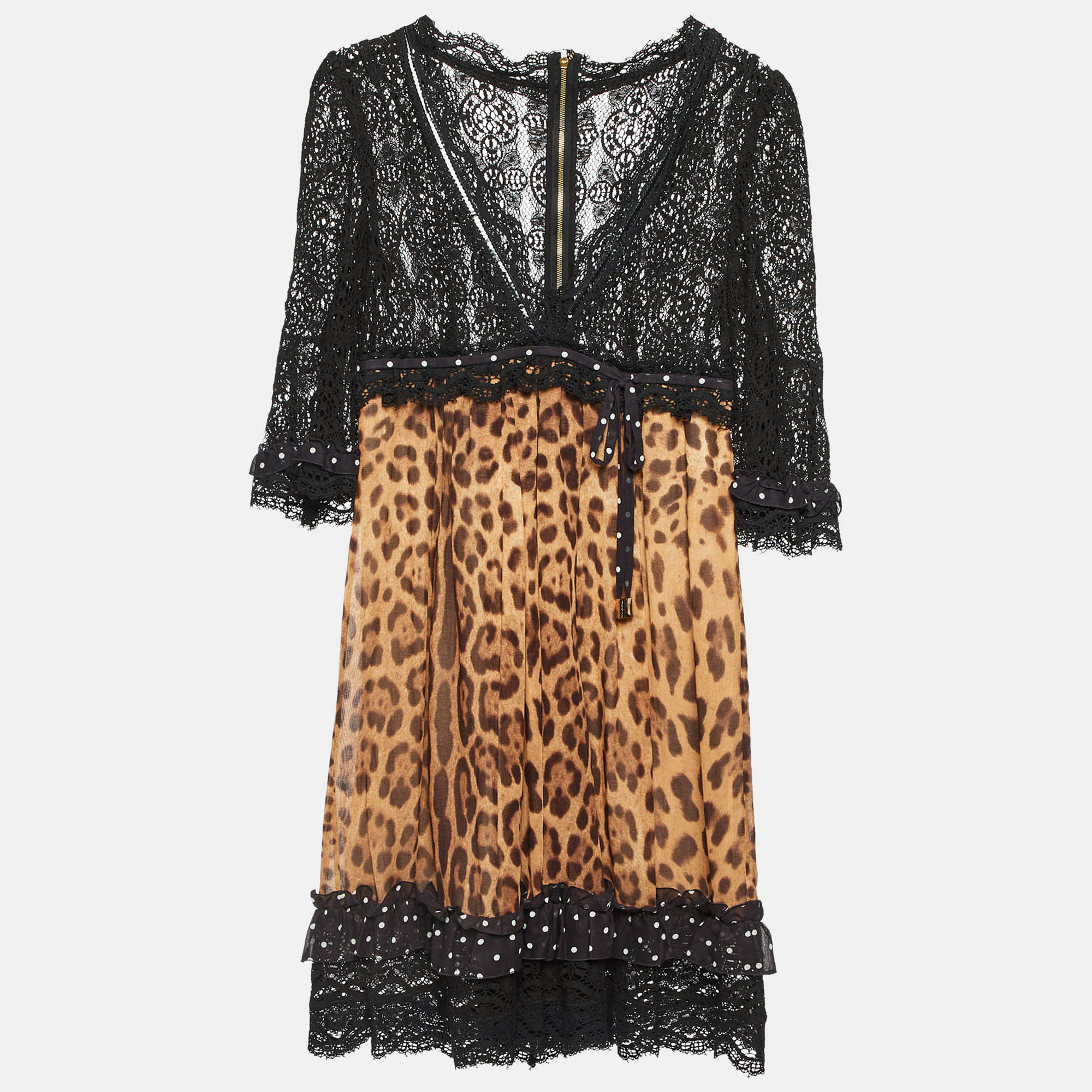 

Dolce & Gabbana Brown/Black Leopard Print Cotton and Lace Mini Dress S