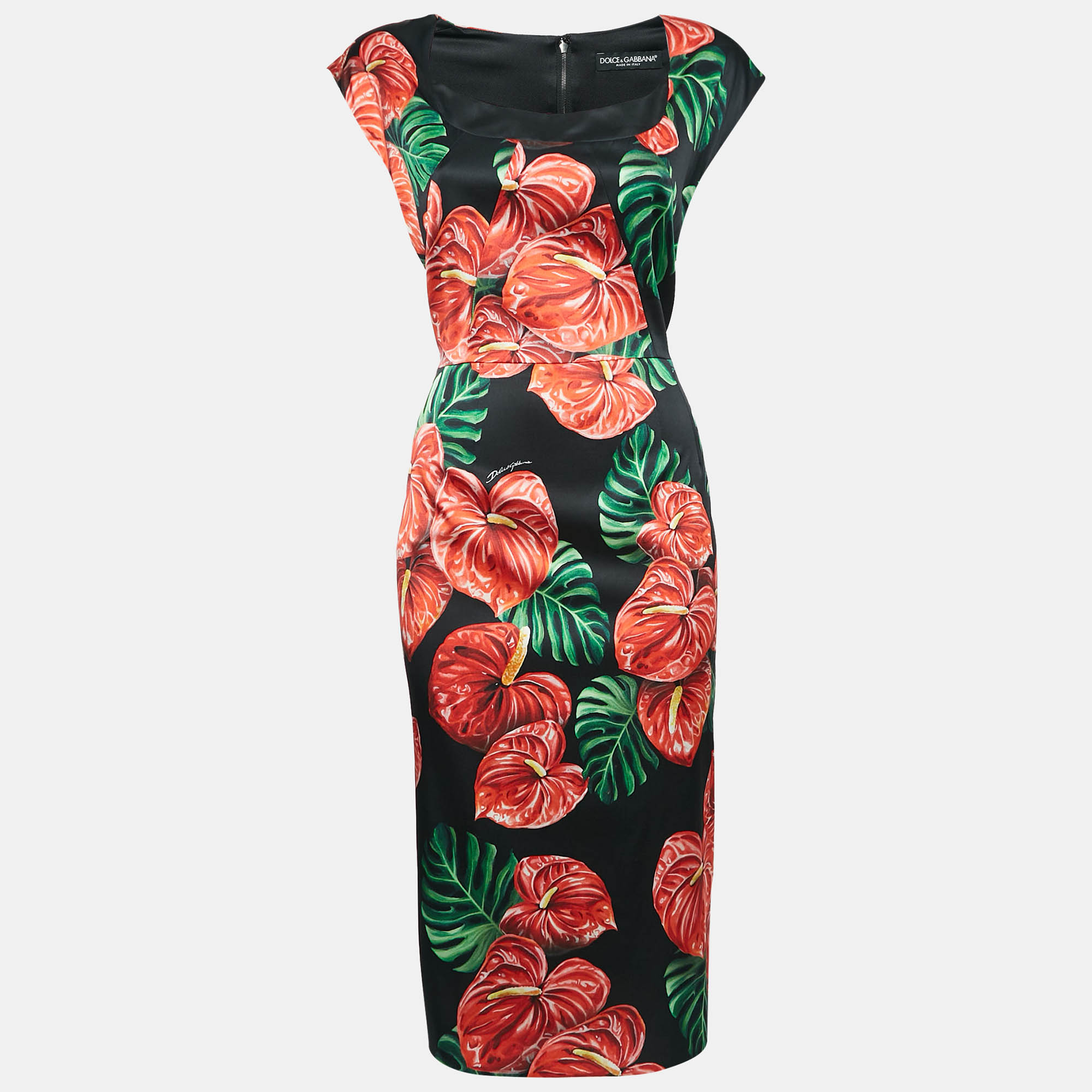 

Dolce & Gabbana Black Anthurium Print Satin Silk Midi Dress XL