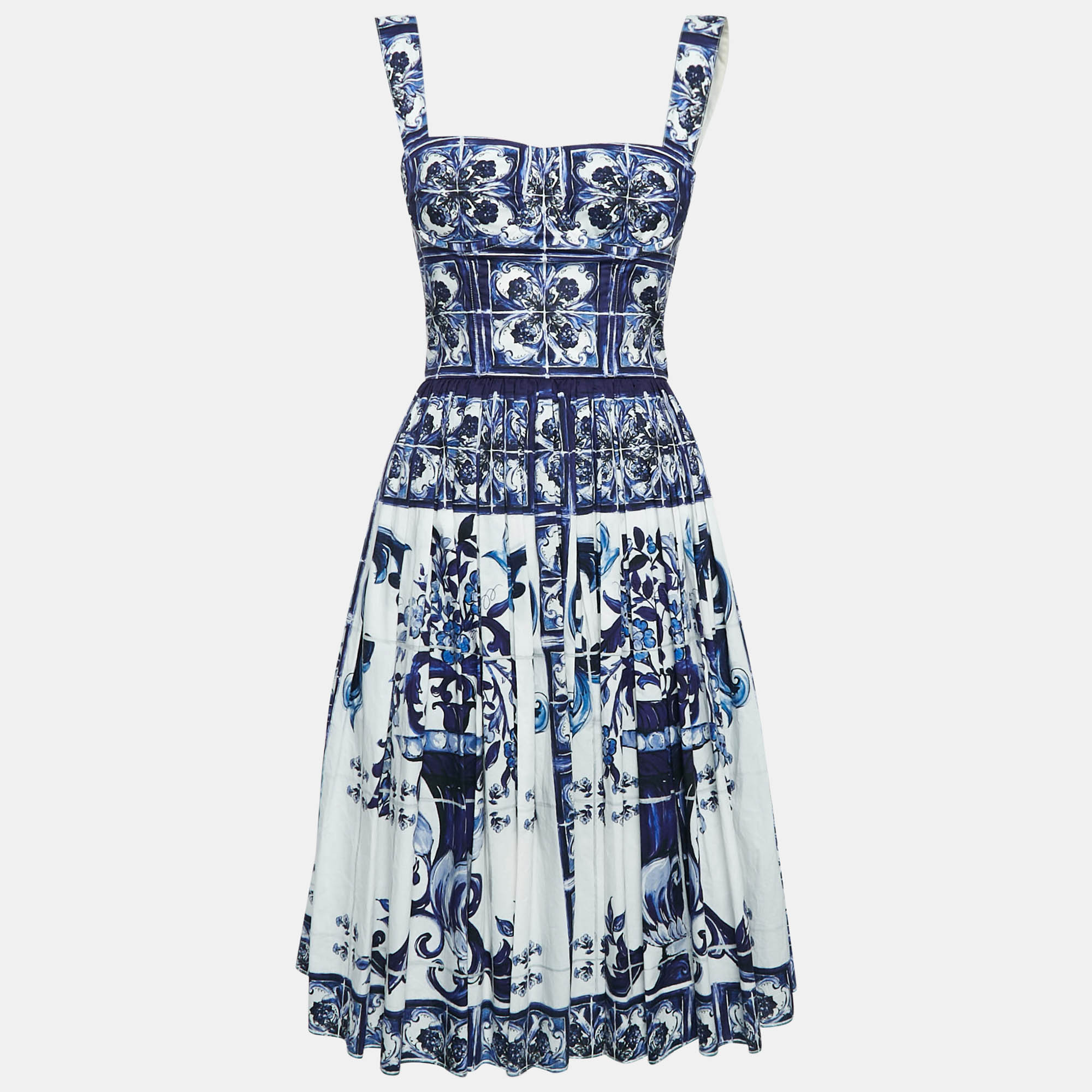 

Dolce & Gabbana Blue/White Majolica Print Cotton Pleated Short Dress XS