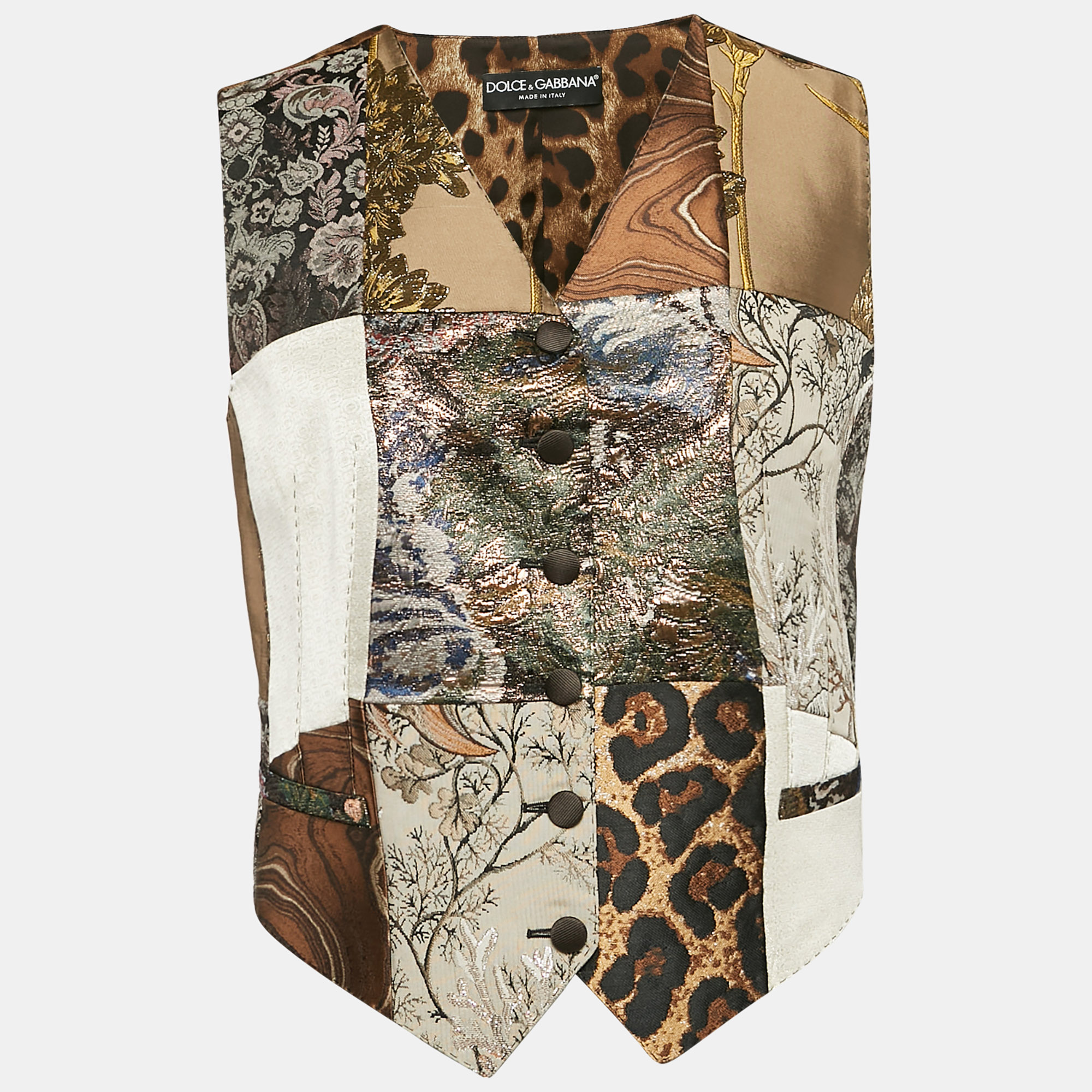 

Dolce & Gabbana Brown Printed satin and Jacquard Patchwork Waist Coat M