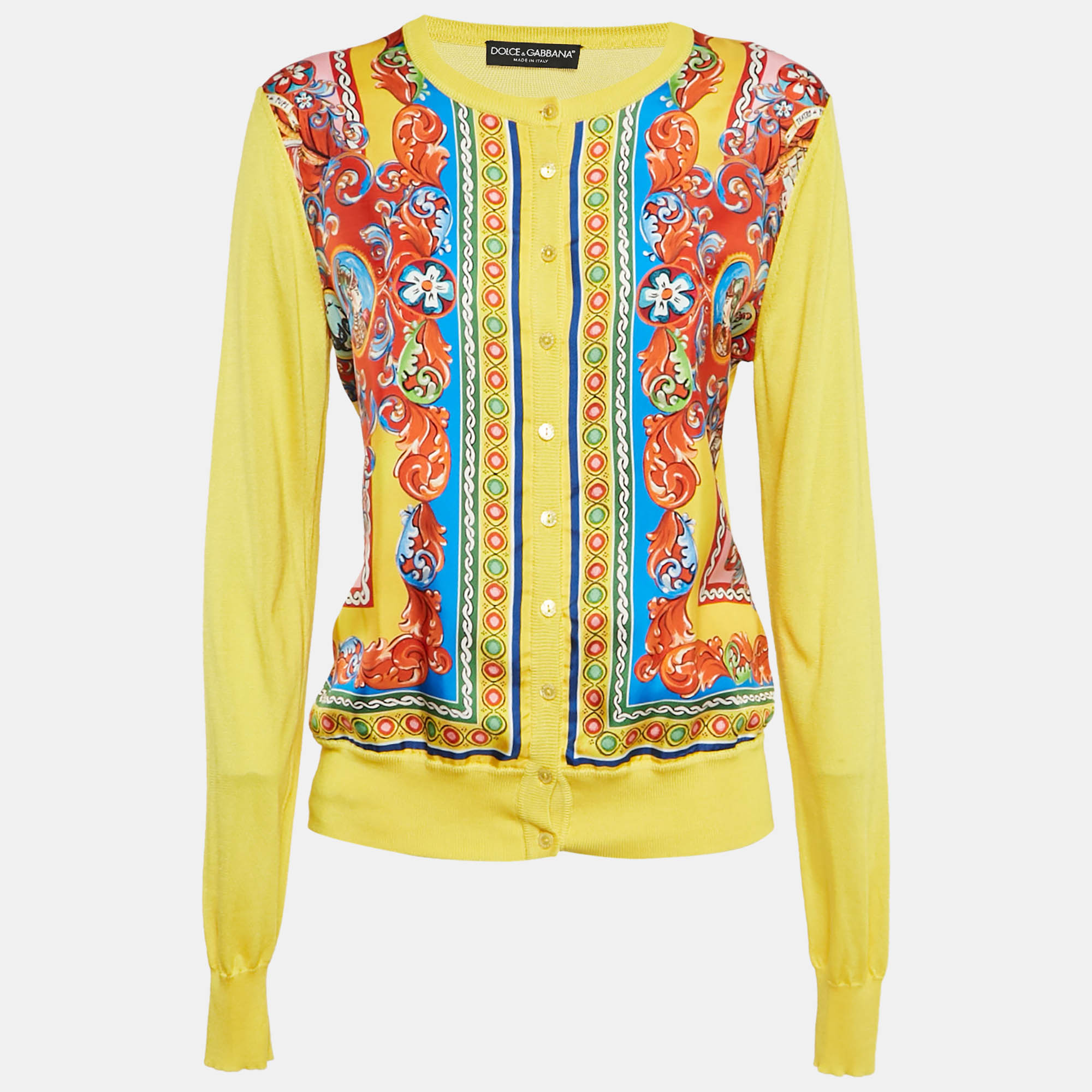 

Dolce & Gabbana Yellow Caretto Print Silk Cardigan M