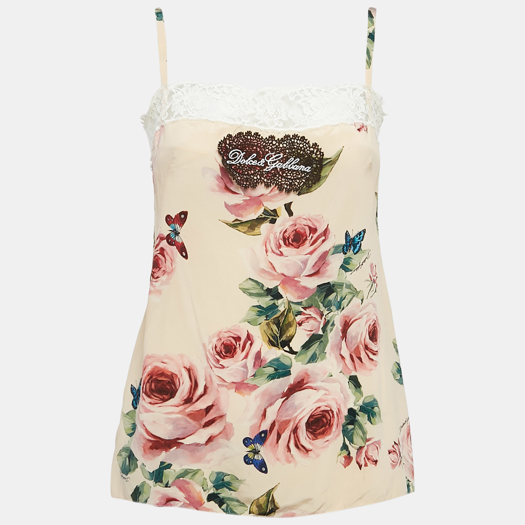 

Dolce & Gabbana Pink Floral Print Silk and Lace Trim Cami Top L