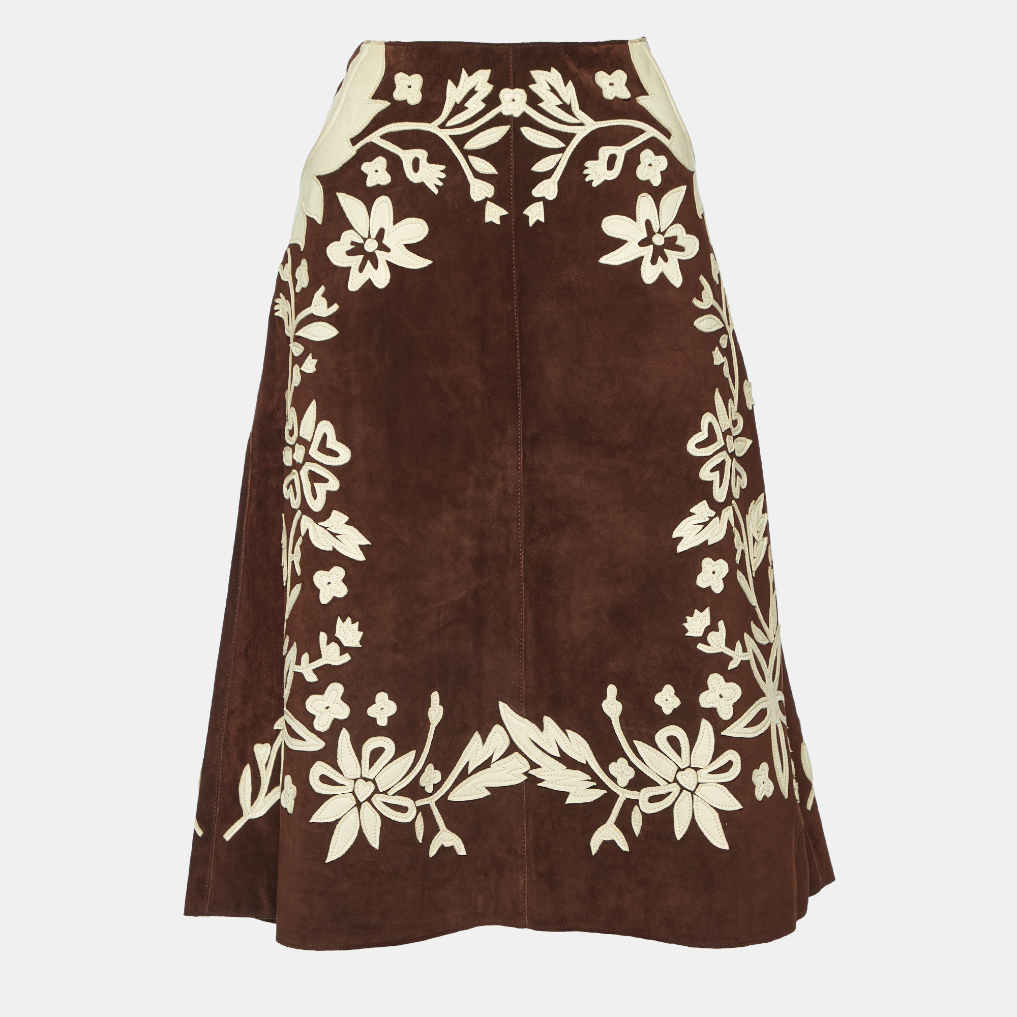 

Dolce & Gabbana Brown Floral Applique Suede Midi Skirt M