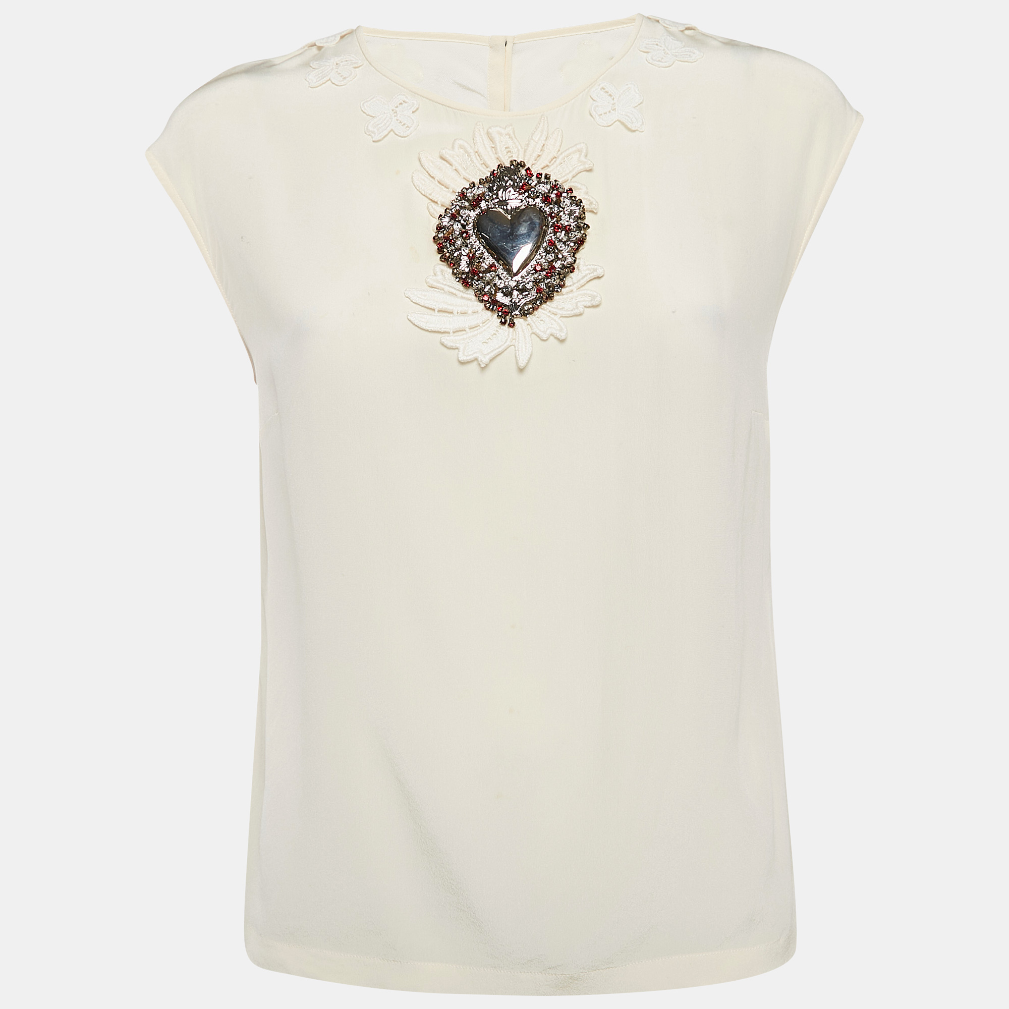 

Dolce & Gabbana Cream Heart Plaque Lace Trim Silk Top M