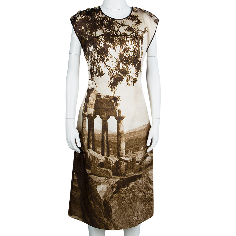 

Dolce & Gabbana Spring'14 Digital Greek Temple Print Silk Dress, Brown