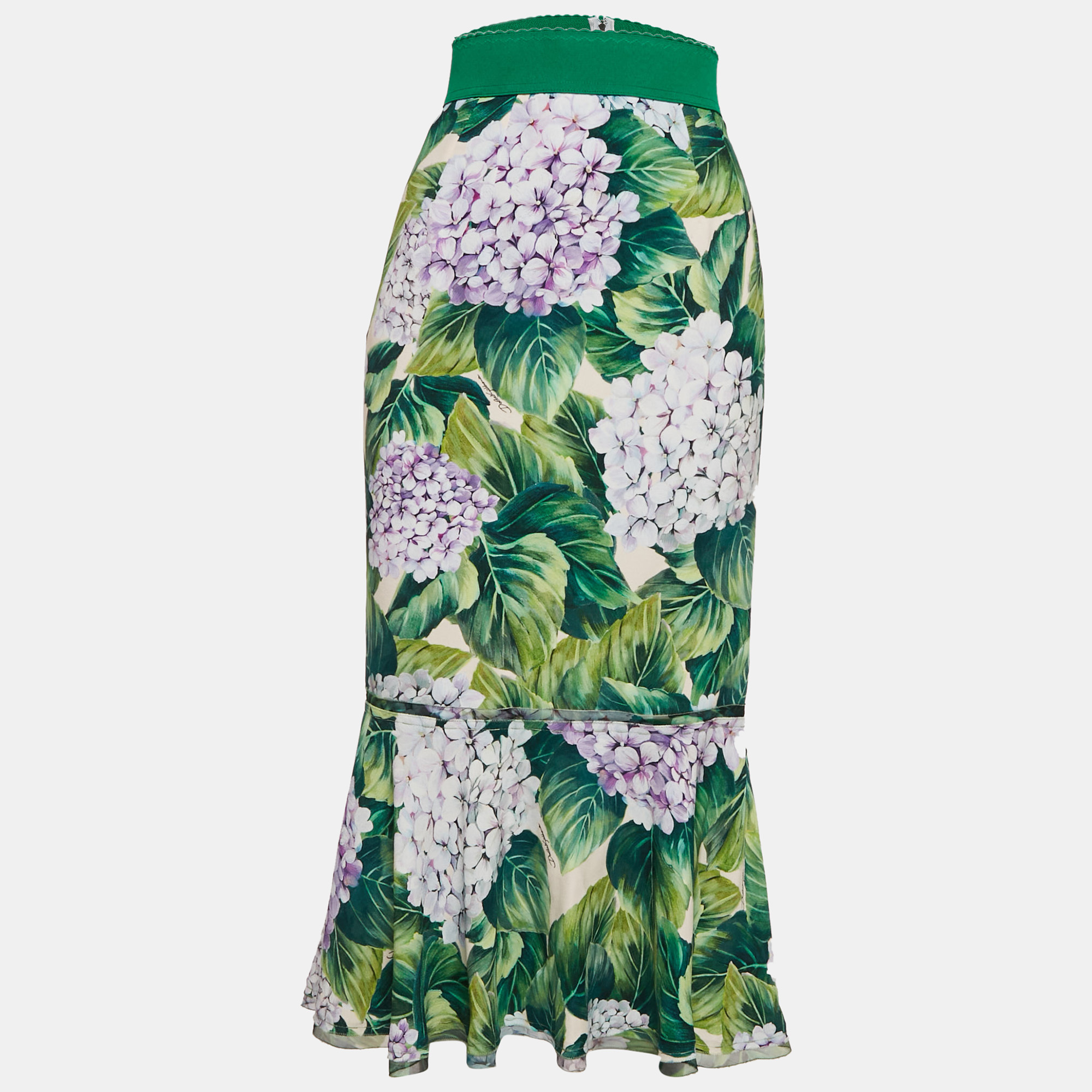 

Dolce & Gabbana Green Hydrangea Print Silk Flounce Midi Skirt M