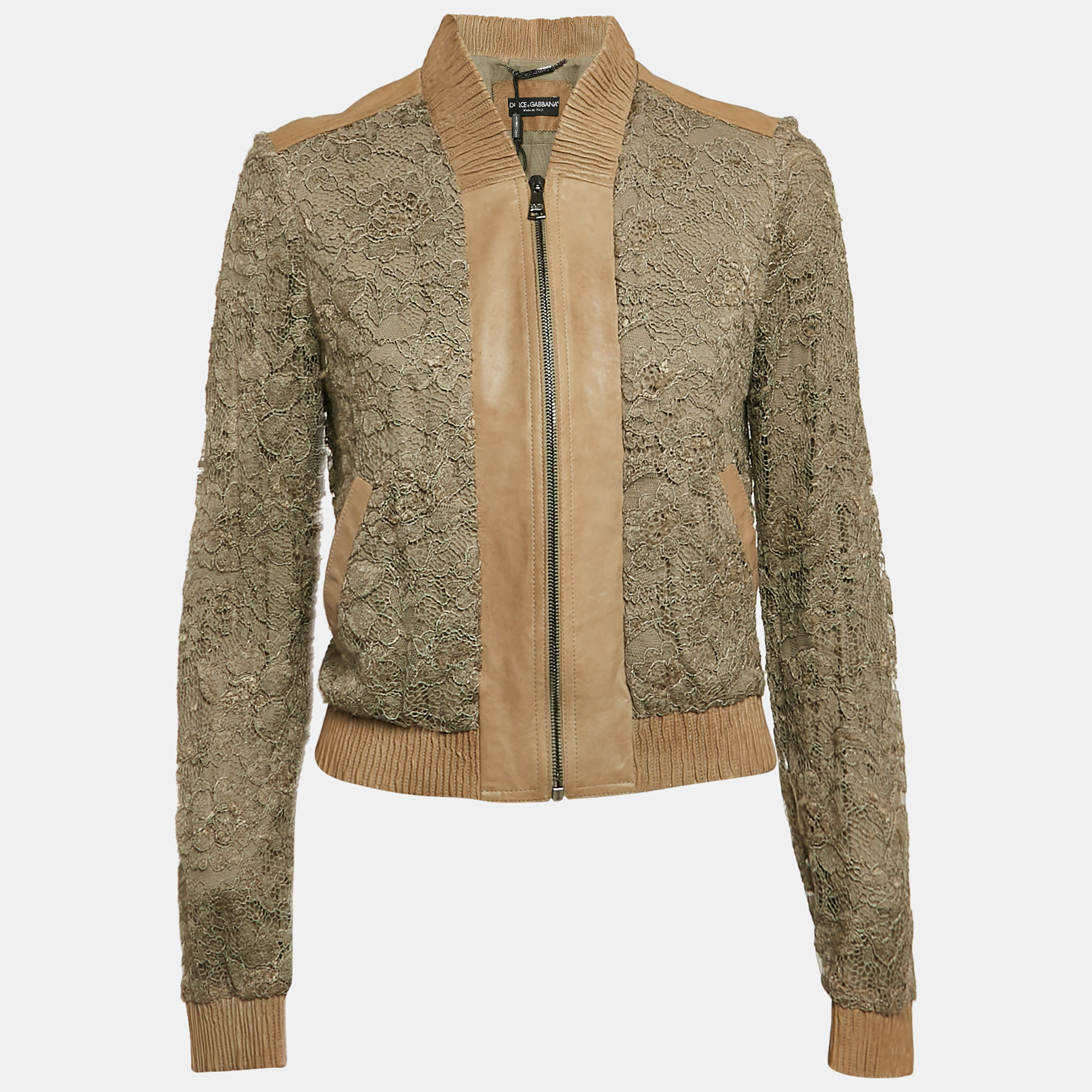 

Dolce & Gabbana Green Leather Trim Lace Bomber Jacket S