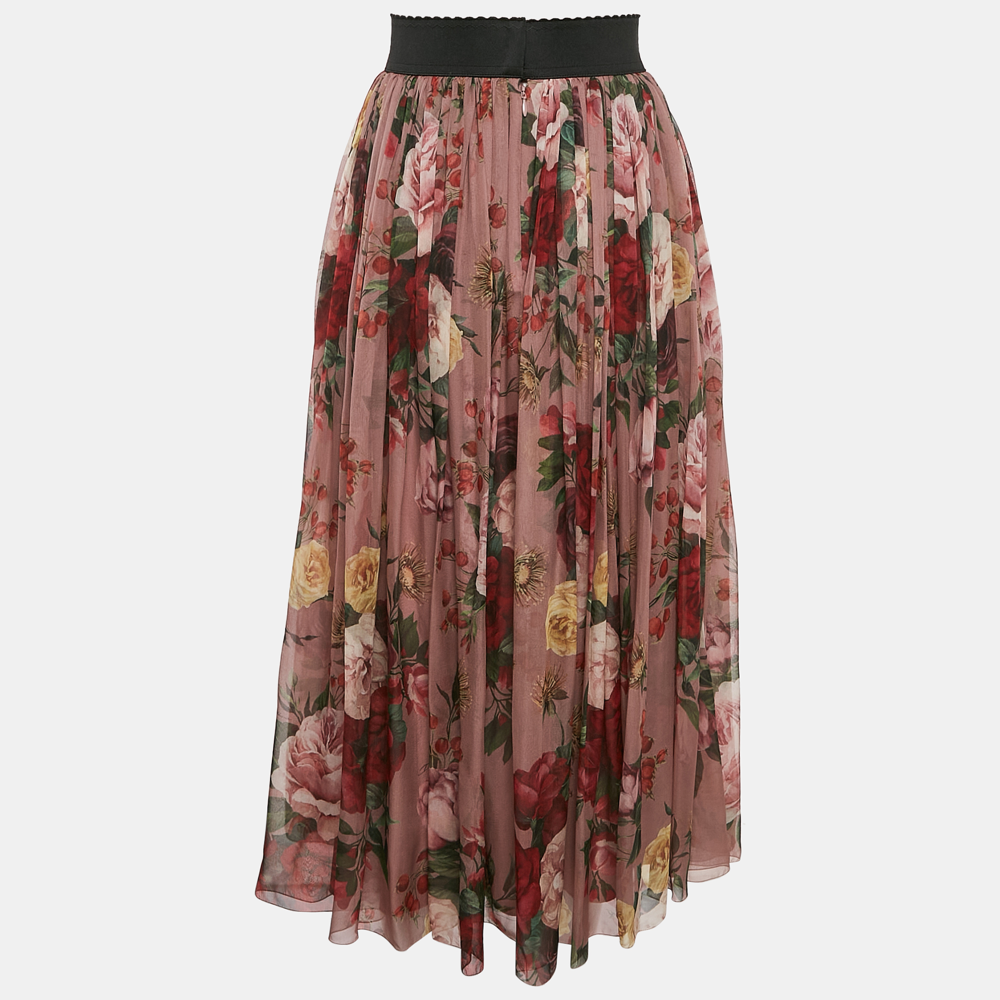 

Dolce & Gabbana Pink Floral Print Silk Gathered Midi Skirt L