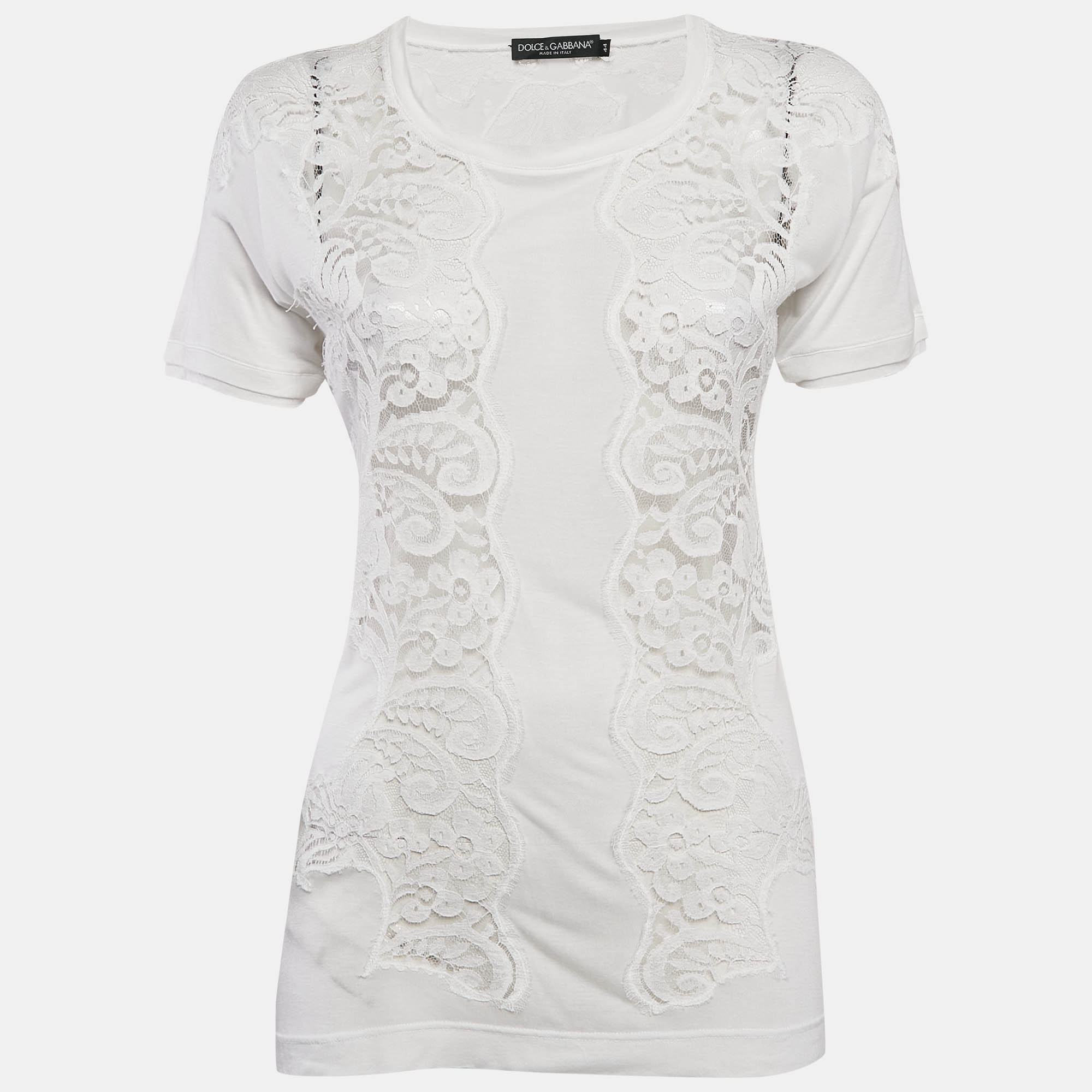 

Dolce & Gabbana White Modal & Lace Trim Crew Neck Top M