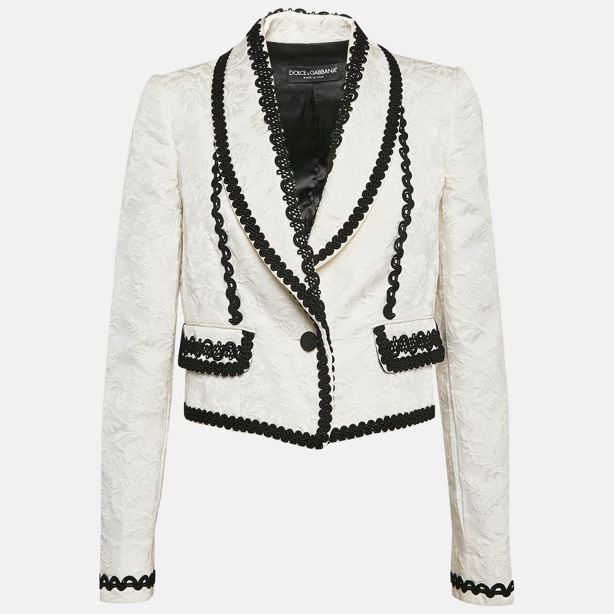 

Dolce & Gabbana White Brocade Lace Trim Cropped Blazer L