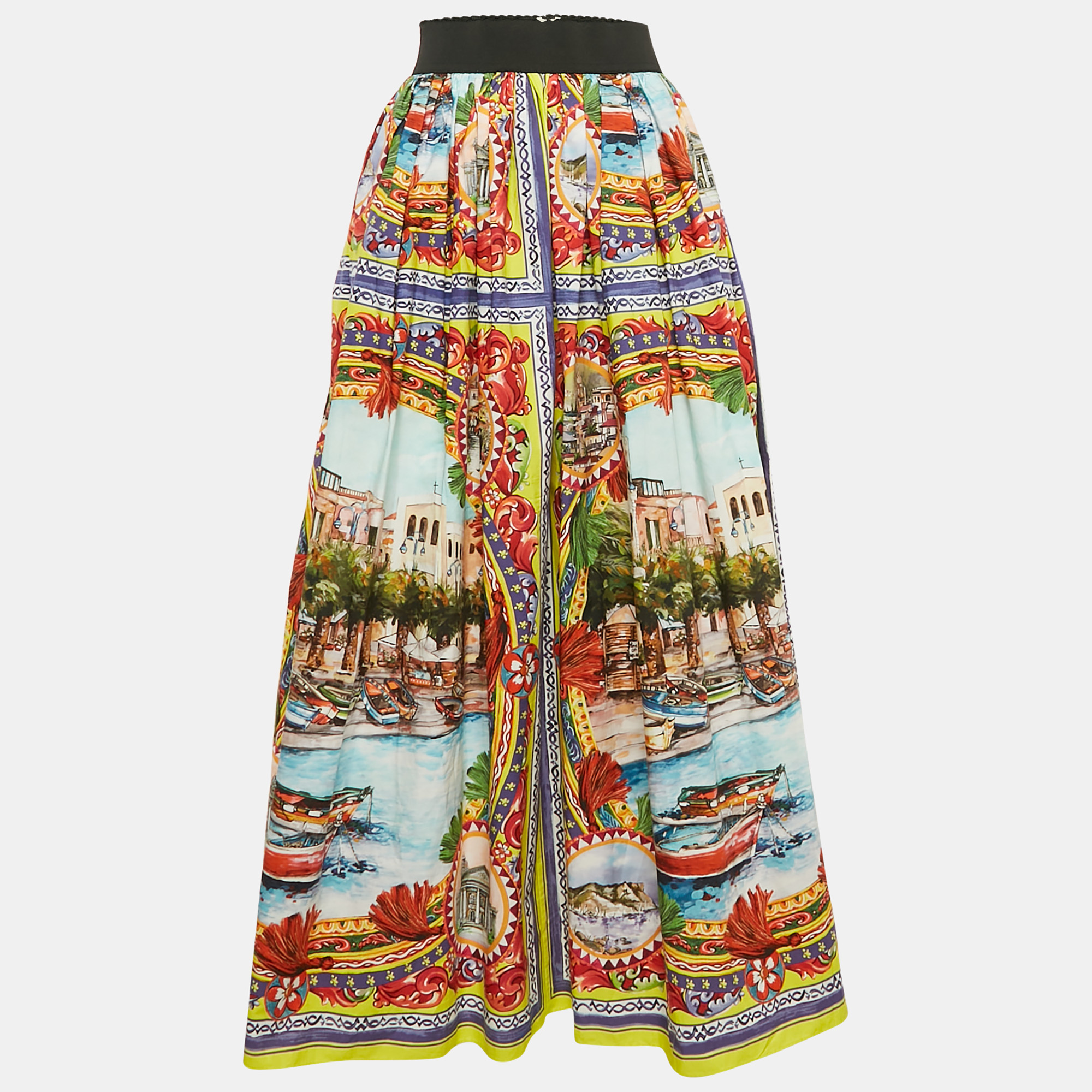 

Dolce & Gabbana Multicolor Sicilian Postcard Print Poplin Midi Skirt S