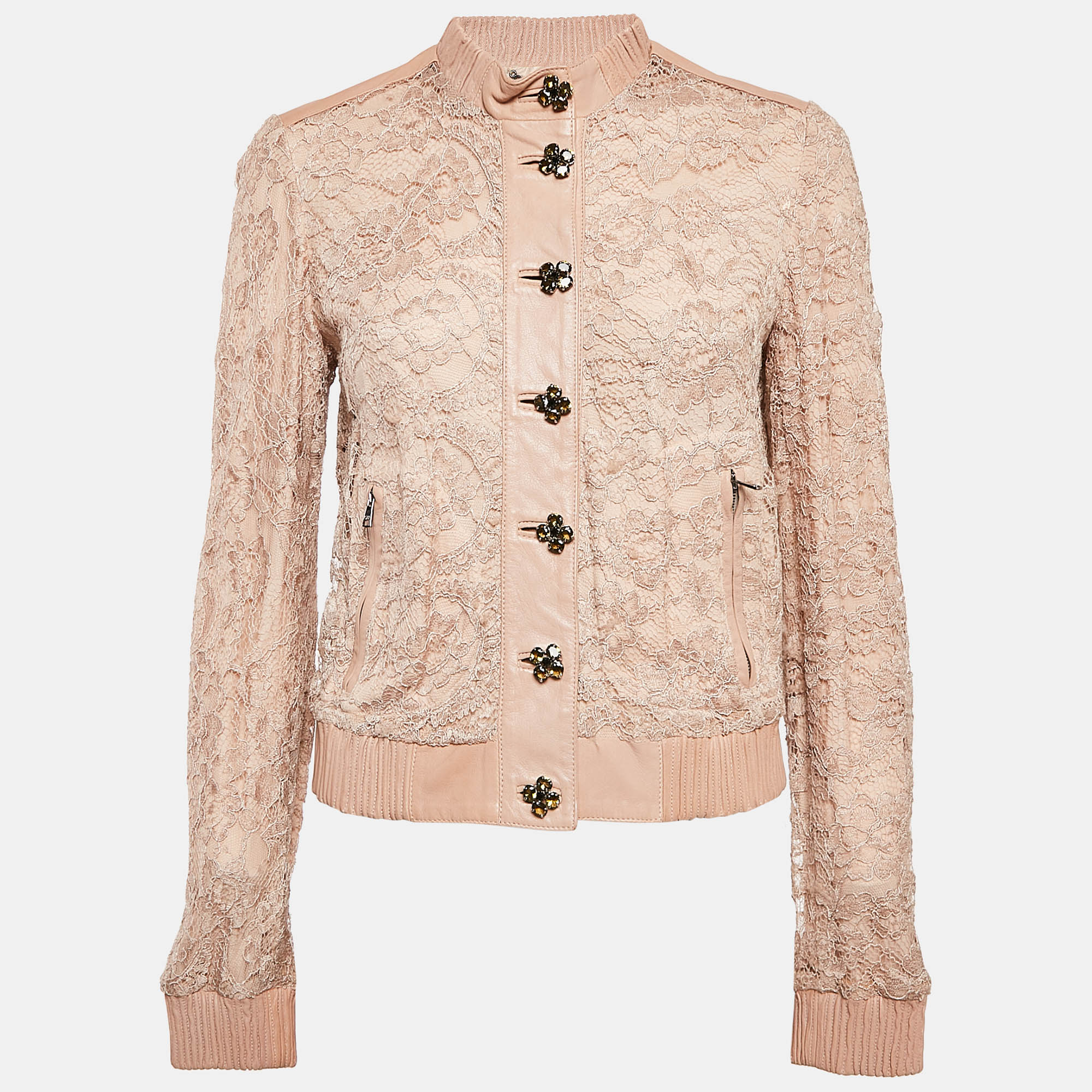 

Dolce & Gabbana Beige Leather Trim Lace Blouson Jacket S