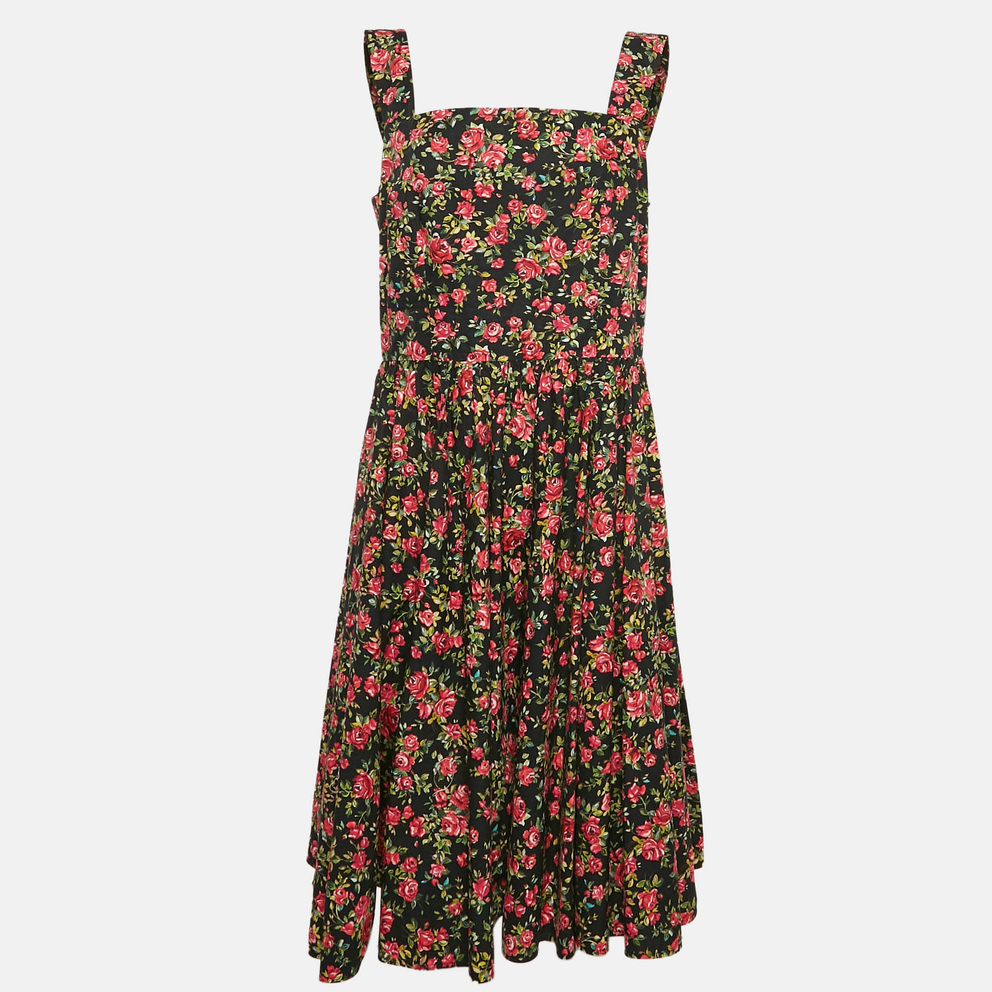 

Dolce & Gabbana Black Rose Print Cotton Flared Midi Dress XL