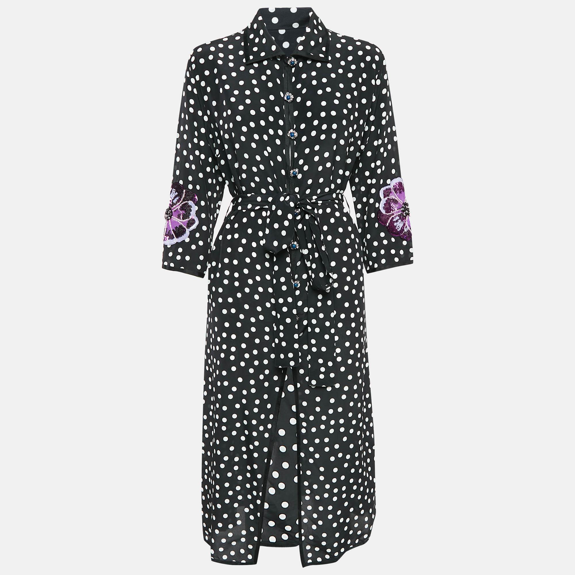 

Dolce & Gabbana Black Polka Dot Print Silk Floral Sequin Button Front Midi Dress M