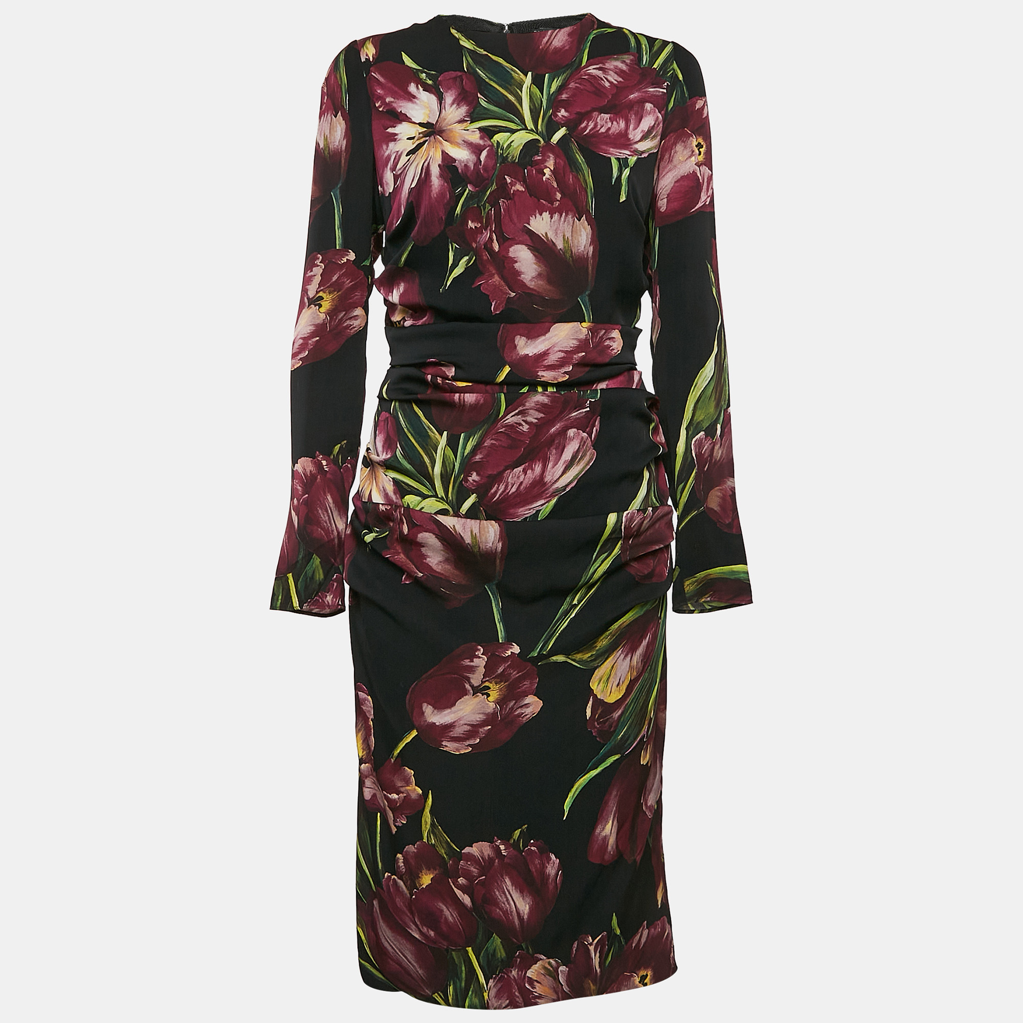 

Dolce & Gabbana Black Flowers Print Silk Ruched Midi Dress L