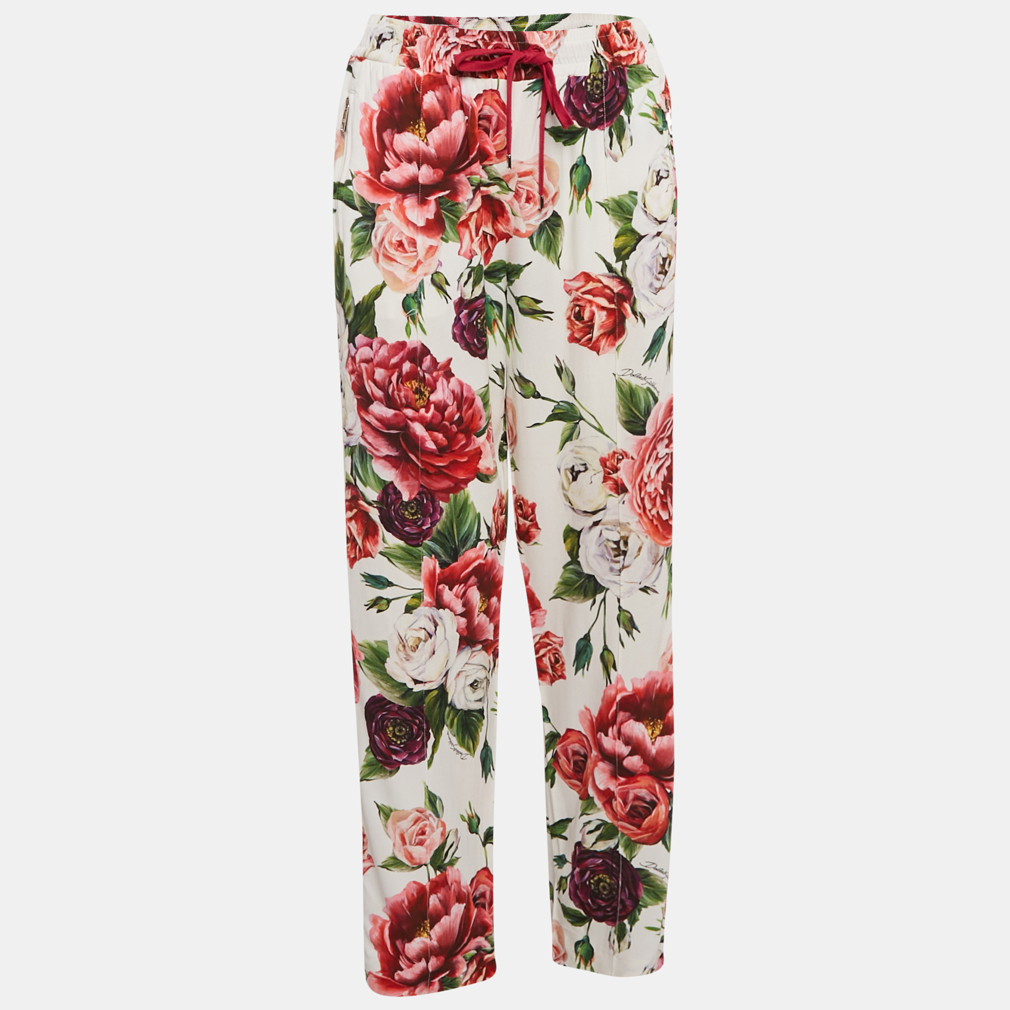 

Dolce & Gabbana White Floral Print Crepe Logo Tape Detail Trousers M