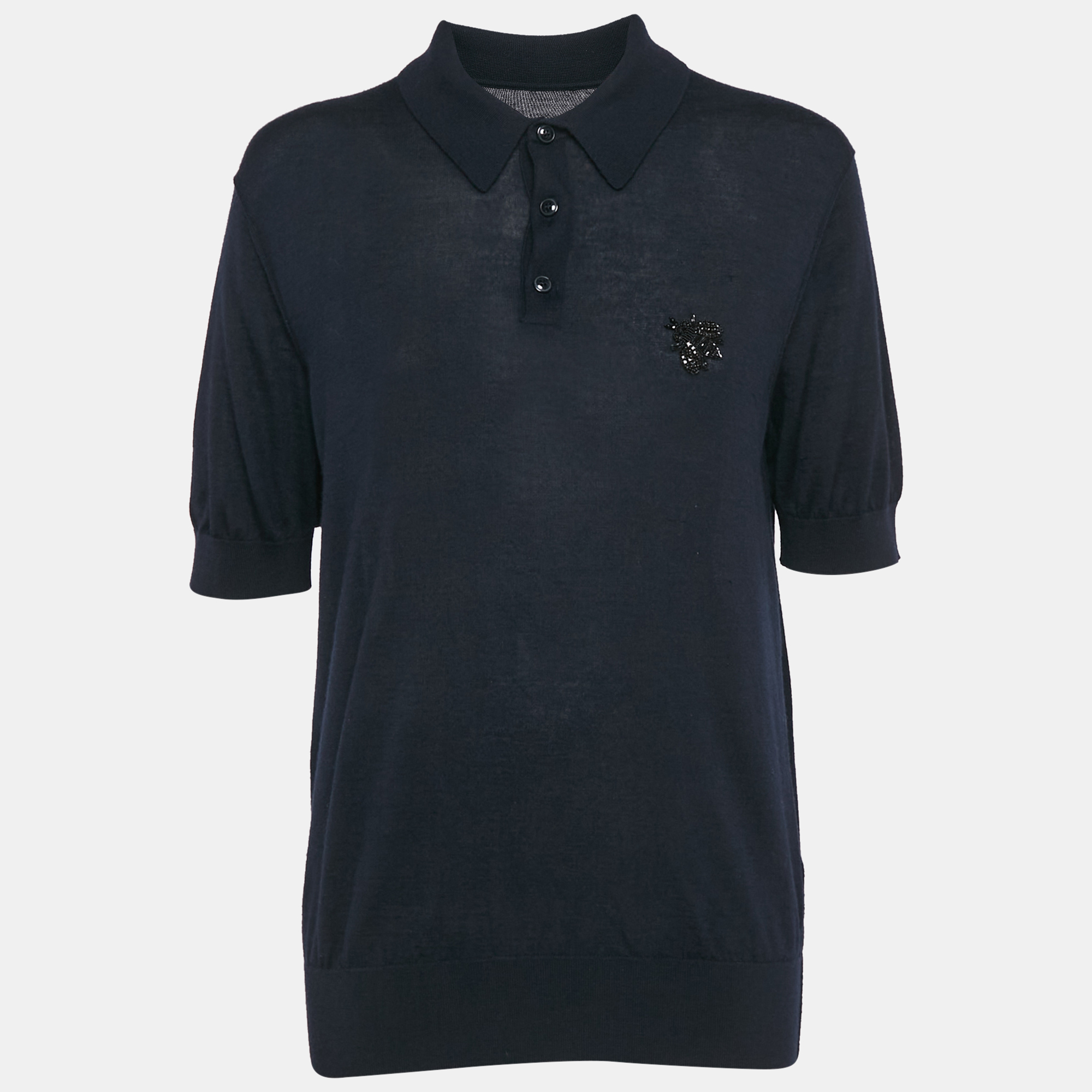 

Dolce & Gabbana Navy Blue Bug Embellishment Cashmere Polo T-Shirt L