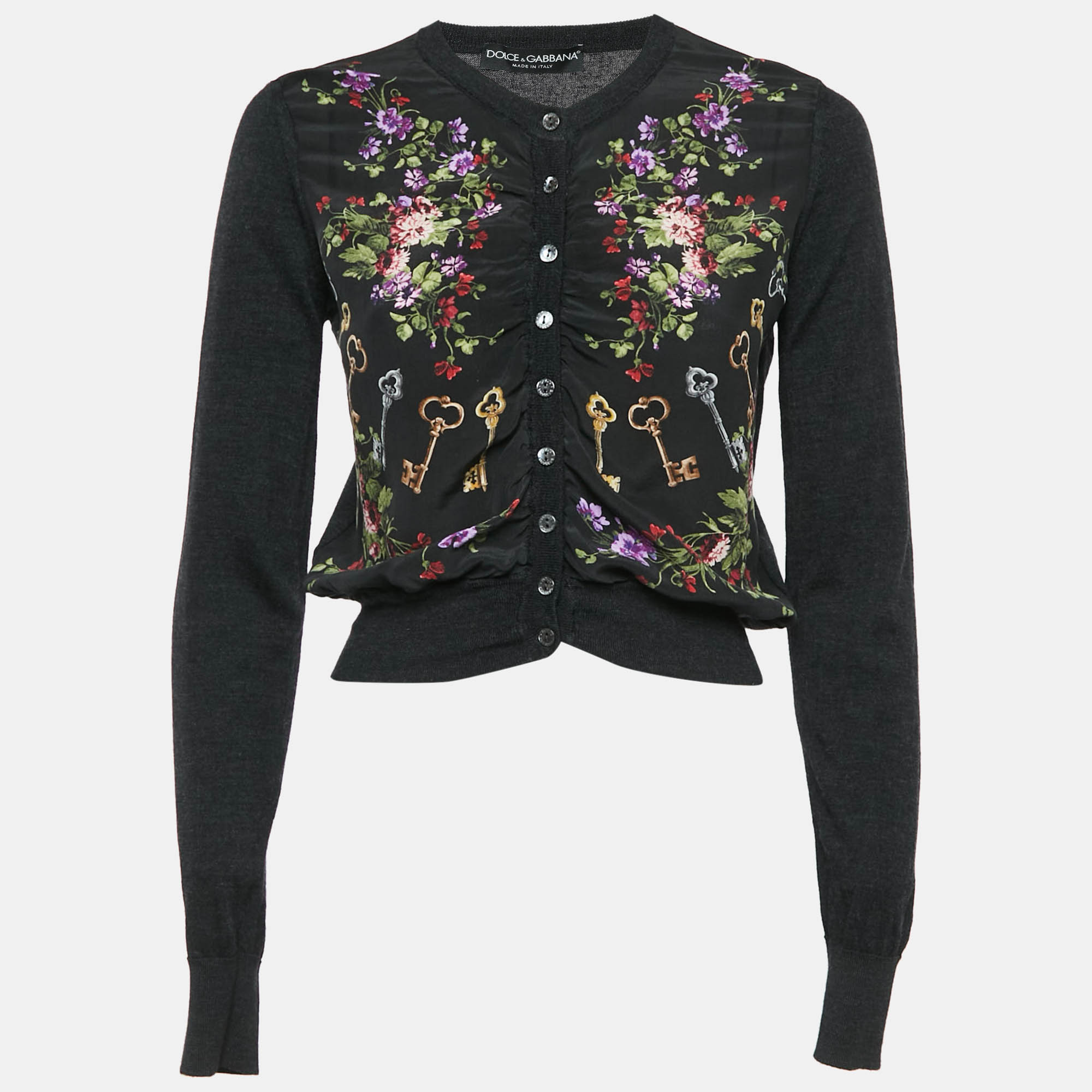 

Dolce & Gabbana Black Floral Print Silk & Wool Knit Ruched Cardigan M