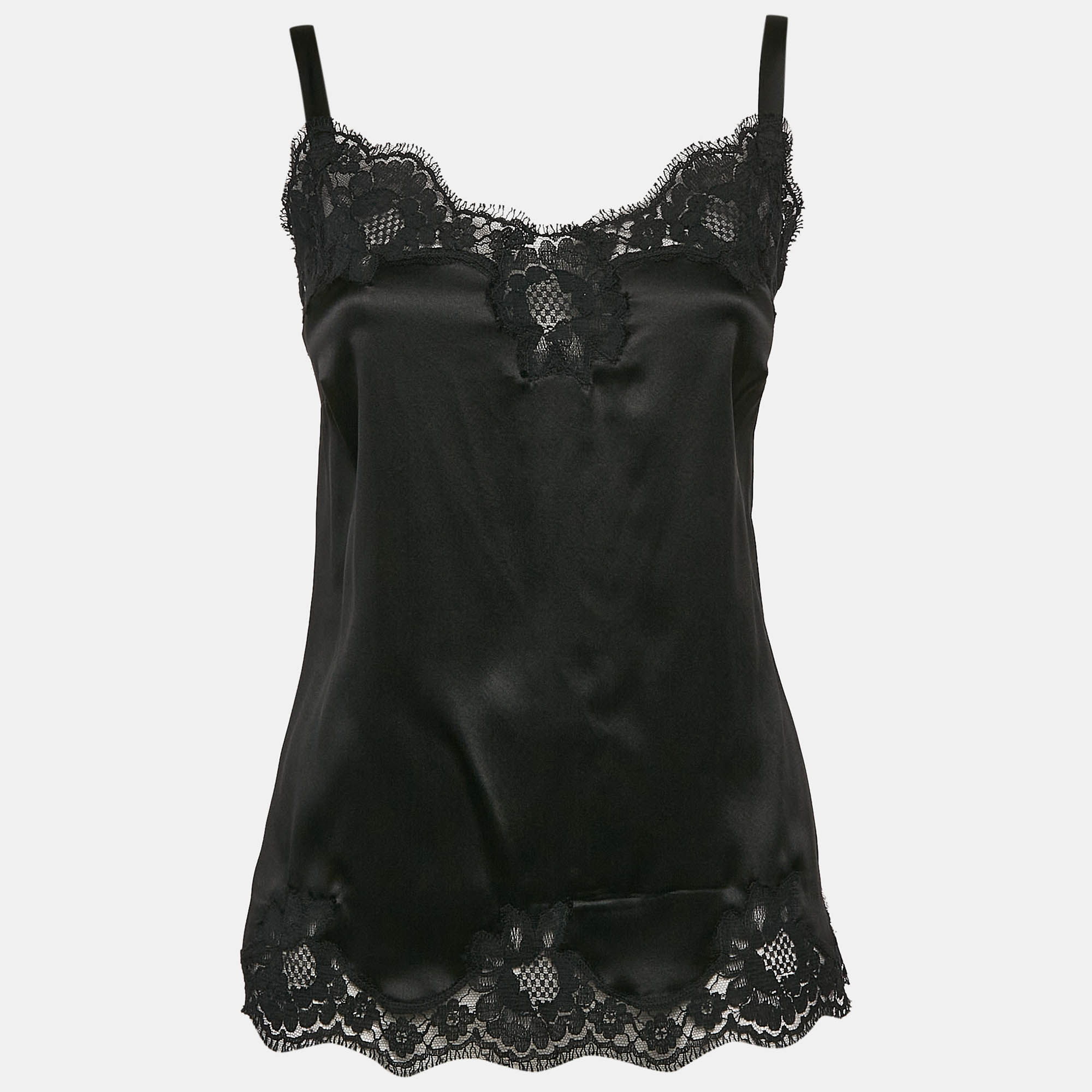 

Dolce & Gabbana Black Silk Satin Lace Trimmed Camisole L